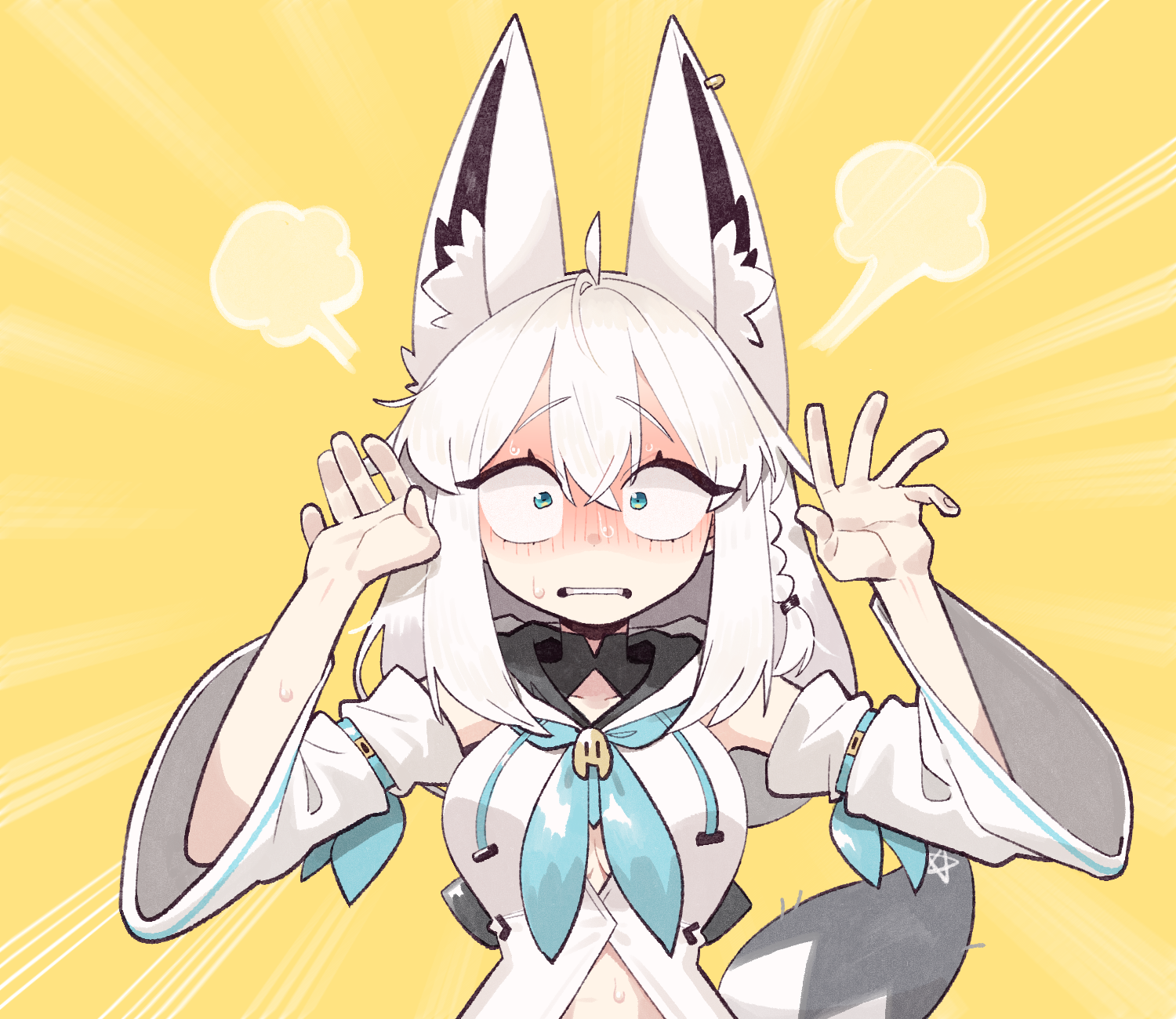 cocomayo29 (tomato), shirakami fubuki, hololive, animal ear fluff, animal ears, blue neckerchief, braid, fox ears, fox girl, hoodie, neckerchief, side braid, single braid, white hair, white hoodie