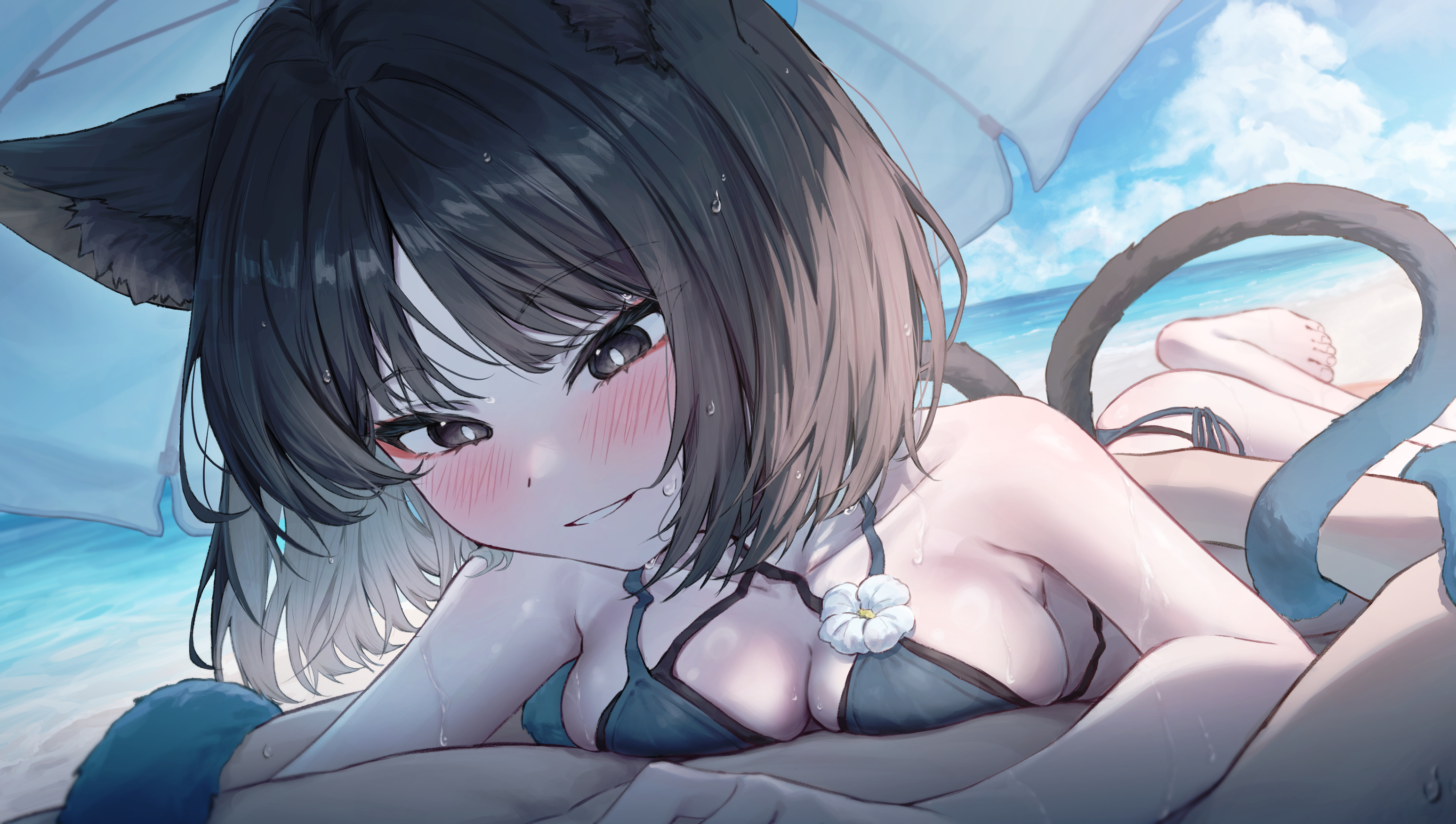retsu (retsu 3), kikyou (blue archive), kikyou (swimsuit) (blue archive), blue archive, commentary, highres, 1girl, animal ear fluff, animal ears, armpit crease, armpits, beach, bikini, black hair, blue bikini, blush, breasts, brown eyes, cat ears, cat girl, cleavage, cloud, cloudy sky, collarbone, flower, horizon, lying, lying on person, medium breasts, multi-strapped bikini bottom, multi-strapped bikini top, multiple tails, ocean, official alternate costume, on stomach, outdoors, short hair, side-tie bikini bottom, sky, smile, solo focus, swept bangs, swimsuit, tail, tail wrap, umbrella, white flower