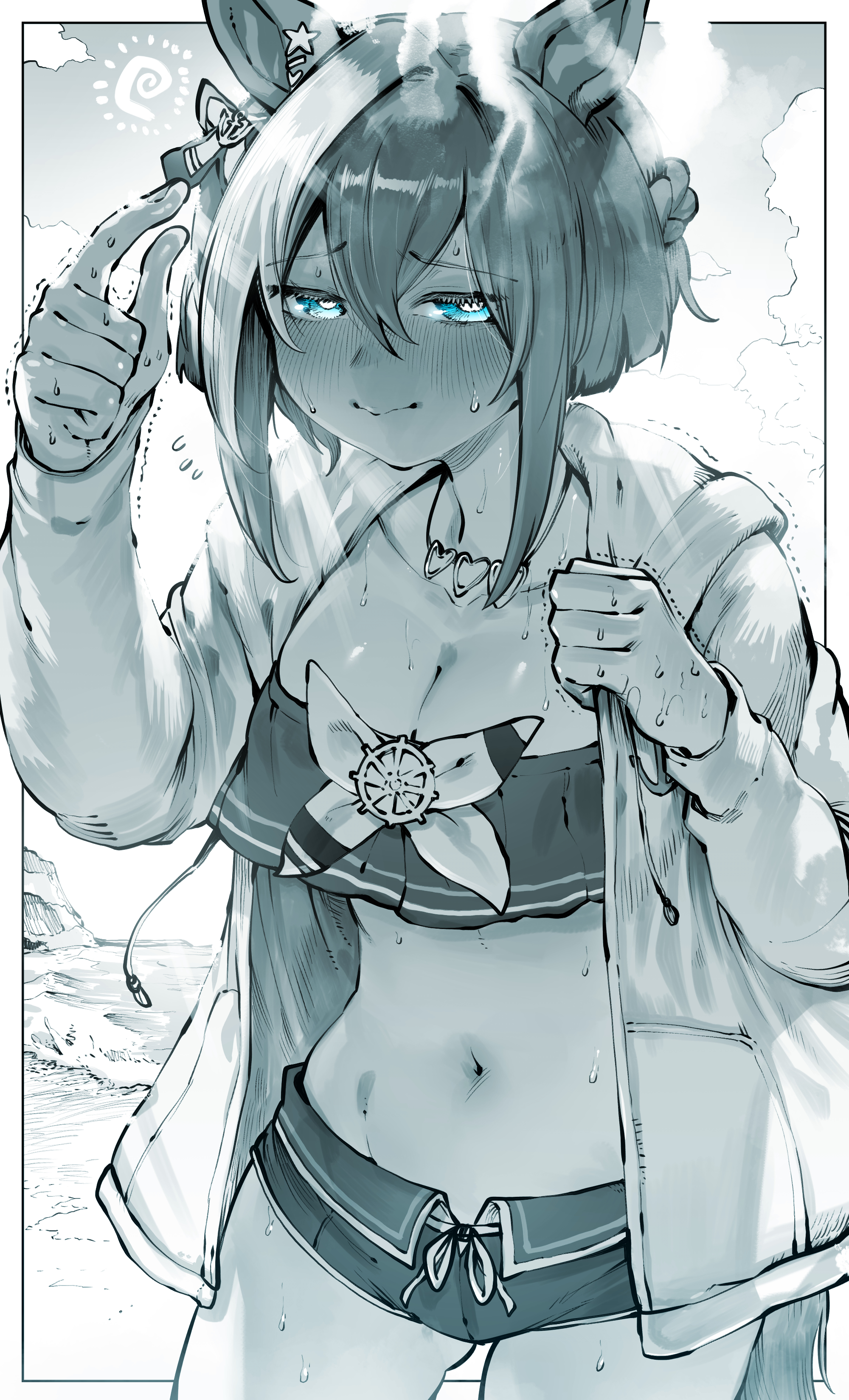 niwarhythm, cheval grand (summer calm navy drop) (umamusume), cheval grand (umamusume), umamusume, absurdres, commentary request, highres, 1girl, animal ears, beach, blue eyes, blush, cowboy shot, day, ear ornament, gluteal fold, hair between eyes, hood, hood down, hooded jacket, horse ears, horse girl, horse tail, jacket, long sleeves, male swimwear, medium hair, multicolored hair, navel, official alternate costume, official alternate hairstyle, open clothes, open jacket, outdoors, sand, sidelocks, solo, stomach, streaked hair, sun, sweat, swim trunks, tail, water