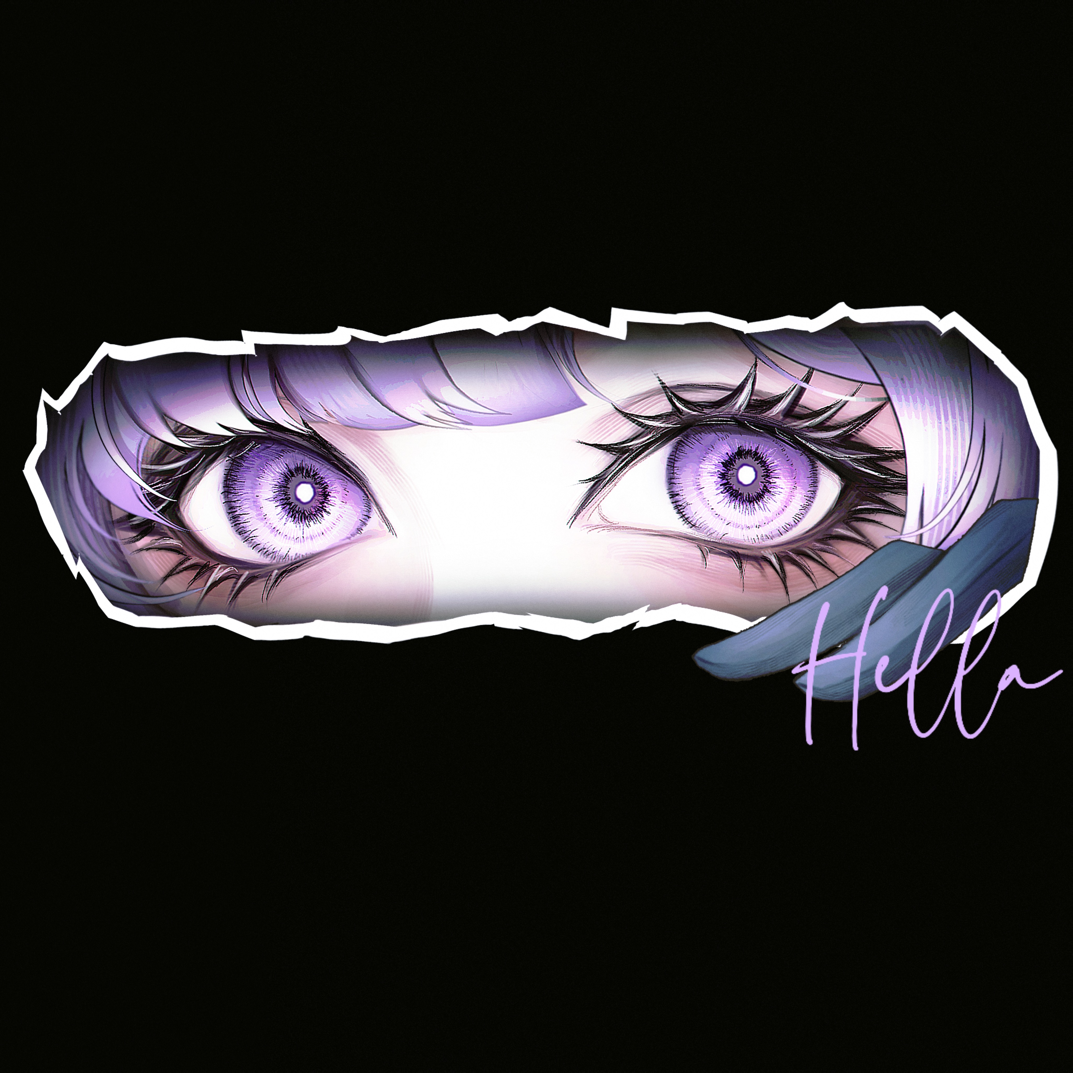 yu zhezhe, hella (path to nowhere), path to nowhere, absurdres, chinese commentary, commentary, highres, 1girl, aegyo sal, asymmetrical bangs, blue gloves, character name, eye focus, eyelashes, gloves, looking at viewer, pink eyes, pink hair, solo