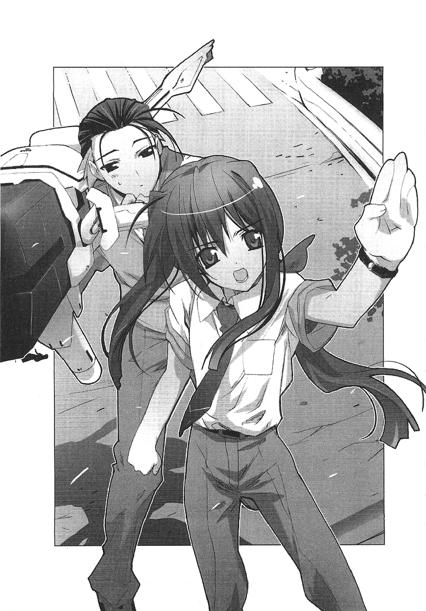 satoyasu, sadagiru shinjou, sayama mikoto, shinjou sadagiri, shinjou setsu, owari no chronicle, highres, 1girl, 2boys, :o, arm up, crosswalk, greyscale, long hair, looking at viewer, monochrome, multiple boys, open mouth, outdoors, ponytail, road, shirt, short sleeves, standing, street, t-shirt