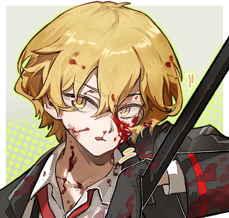 kiscript, sinclair (project moon), limbus company, project moon, 1boy, :p, ben-day dots, black gloves, black jacket, blonde hair, blood, blood in hair, blood on clothes, blood on face, border, collared shirt, crossed bangs, double-parted bangs, gloves, hair between eyes, holding, holding weapon, jacket, male focus, motion lines, necktie, outside border, red necktie, screentones, shirt, solo, tongue, tongue out, upper body, weapon, white border, white shirt, yellow eyes
