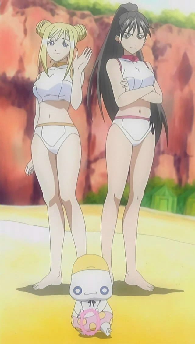 akira ferrari, alicia florence, aria pokoteng, aria (manga), anime screenshot, 00s, 2girls, barefoot, bikini, black hair, blonde hair, cat, crossed arms, double bun, feet, hair bun, long hair, multiple girls, ponytail, swim cap, swimsuit, very long hair, waving