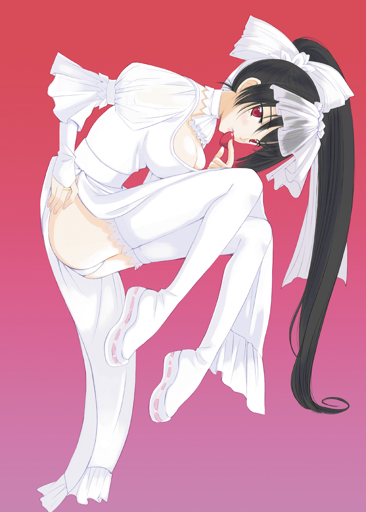 kazuto izumi, original, highres, 1girl, black hair, breasts, cleavage, dress, female focus, fetal position, food, fruit, legs, medium breasts, panties, pantyshot, ponytail, red eyes, solo, strawberry, thighhighs, underwear, white thighhighs