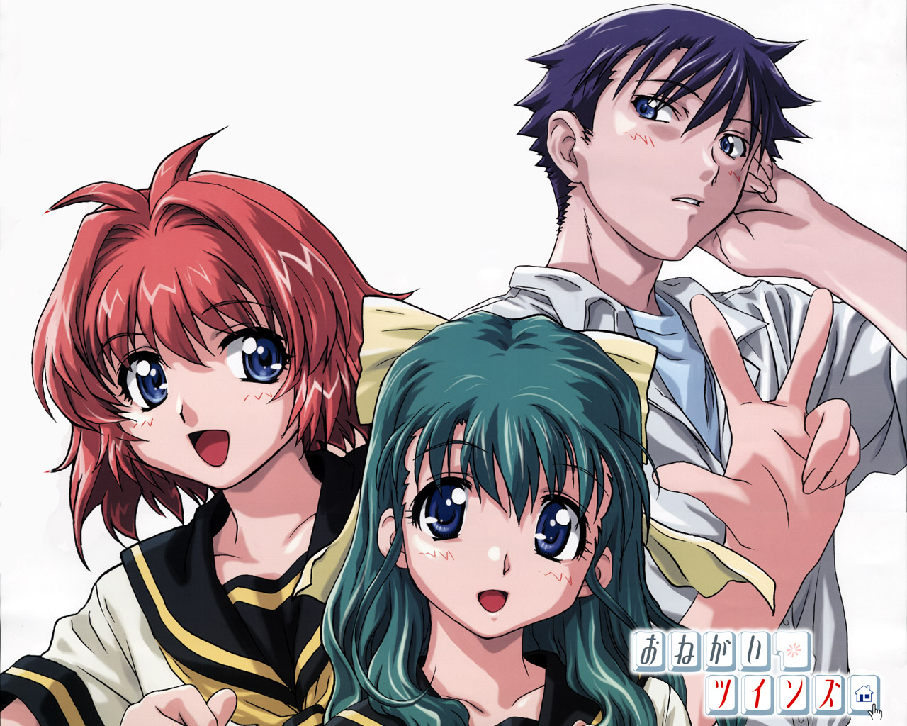 kamishiro maiku, miyafuji miina, onodera karen, onegai twins, 00s, 1boy, 2girls, blue eyes, green hair, multiple girls, red hair