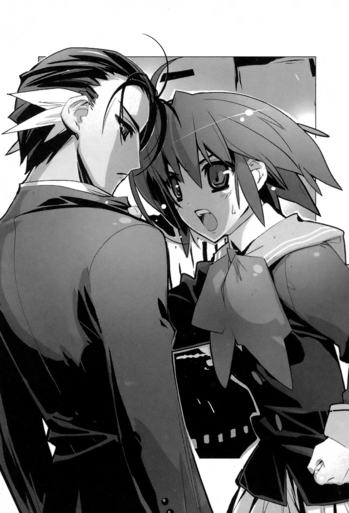 satoyasu, kazami chisato, sayama mikoto, owari no chronicle, highres, 1boy, 1girl, greyscale, monochrome, multicolored hair, ribbon, school uniform, short hair