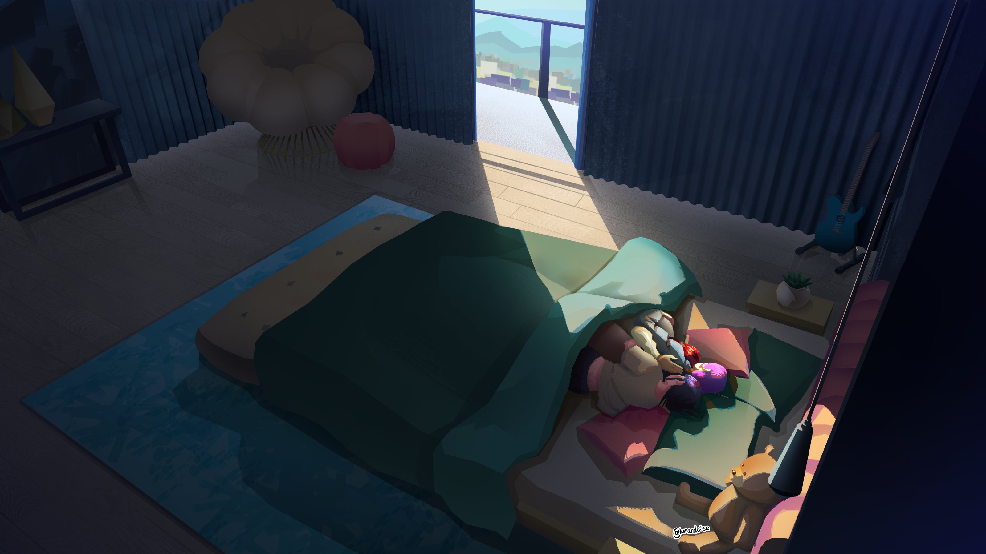 mira (kpop demon hunters), rumi (kpop demon hunters), zoey (kpop demon hunters), kpop demon hunters, absurdres, highres, bed, black hair, cuddling, curtains, from above, lunardaise, morning, on bed, on pillow, pillow, polygamy, purple hair, sunlight, under covers, yuri