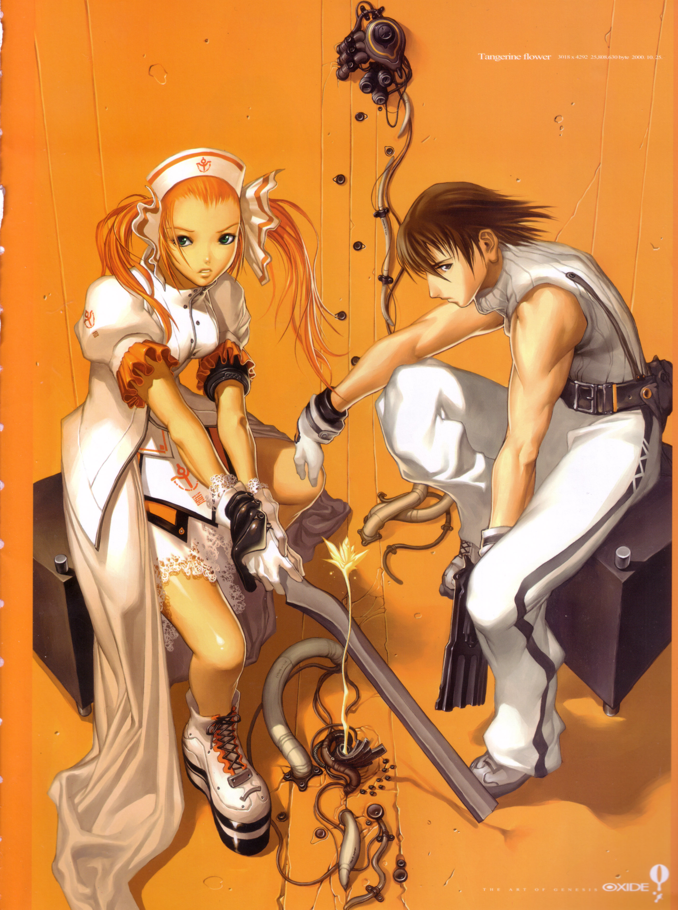 kim hyung tae, christian de medich, joan kartright, oxide, the war of genesis, the war of genesis iii, platform footwear, absurdres, highres, official art, scan, armlet, belt, boots, brown eyes, brown hair, cable, dress, frills, gloves, green eyes, gun, hair ribbon, hat, lace, long hair, muscular, orange hair, pants, platform heels, profile, ribbon, shadow, shiny skin, shirt, shoes, short hair, sitting, sleeveless, sleeveless shirt, sleeveless turtleneck, sneakers, sweater, sword, turtleneck, twintails, weapon