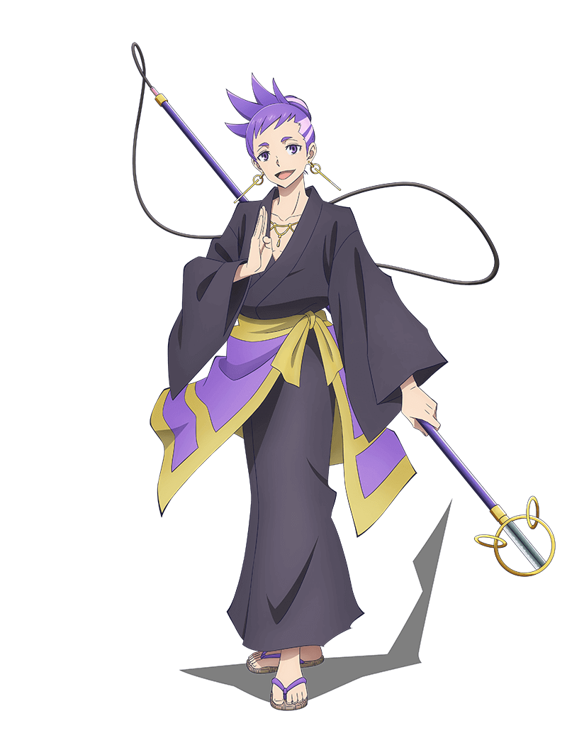yokota masafumi, bucchigire!, official art, 1boy, anime coloring, black kimono, collarbone, earrings, full body, hand up, holding, holding staff, japanese clothes, jewelry, kimono, long sleeves, looking at viewer, multicolored hair, necklace, open hand, open mouth, pink hair, purple eyes, sandals, sash, short hair, simple background, smile, solo, staff, standing, suzuran (bucchigire!), tareme, thick eyebrows, transparent background, two-tone hair, white hair, wide sleeves, yellow sash, zouri