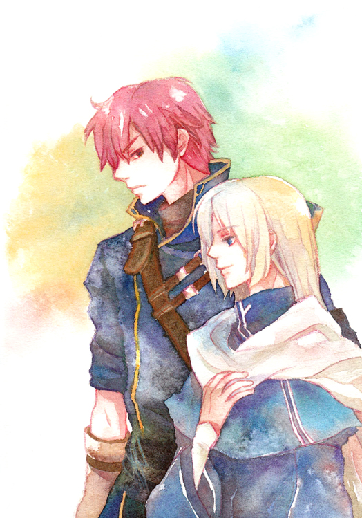 adusa, lucius (fire emblem), raven (fire emblem), fire emblem, fire emblem: the blazing blade, nintendo, commentary request, 2boys, androgynous, blonde hair, blue eyes, hand on own chest, long hair, male focus, multiple boys, red hair, short hair