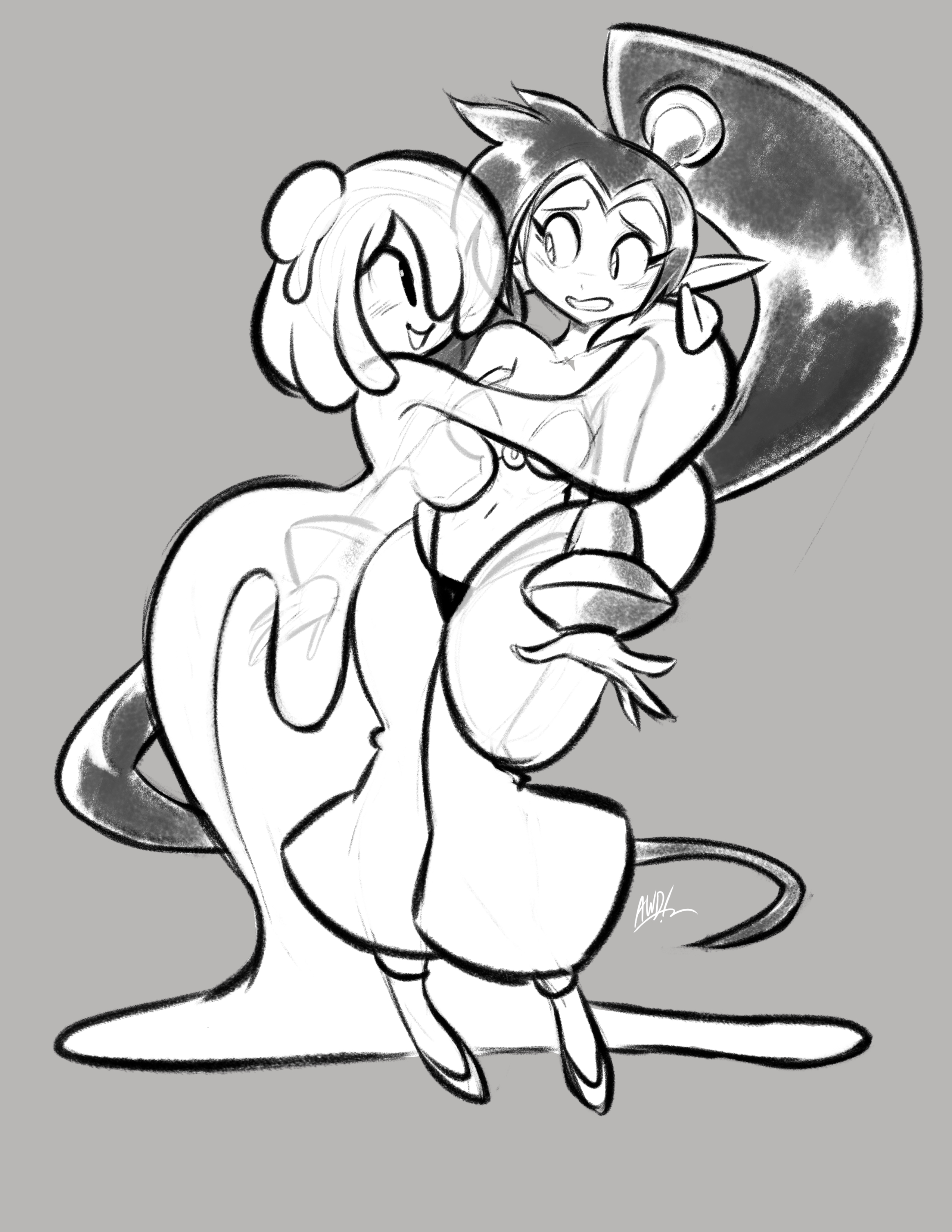 awd!, shantae, slimegal (shantae), shantae: half-genie hero, shantae (series), uncomfortable, absurdres, commentary, commission, commissioner upload, english commentary, highres, non-web source, 2girls, earrings, happy, high ponytail, hug, jewelry, monster girl, multiple girls, open mouth, ponytail, simple background, slime girl