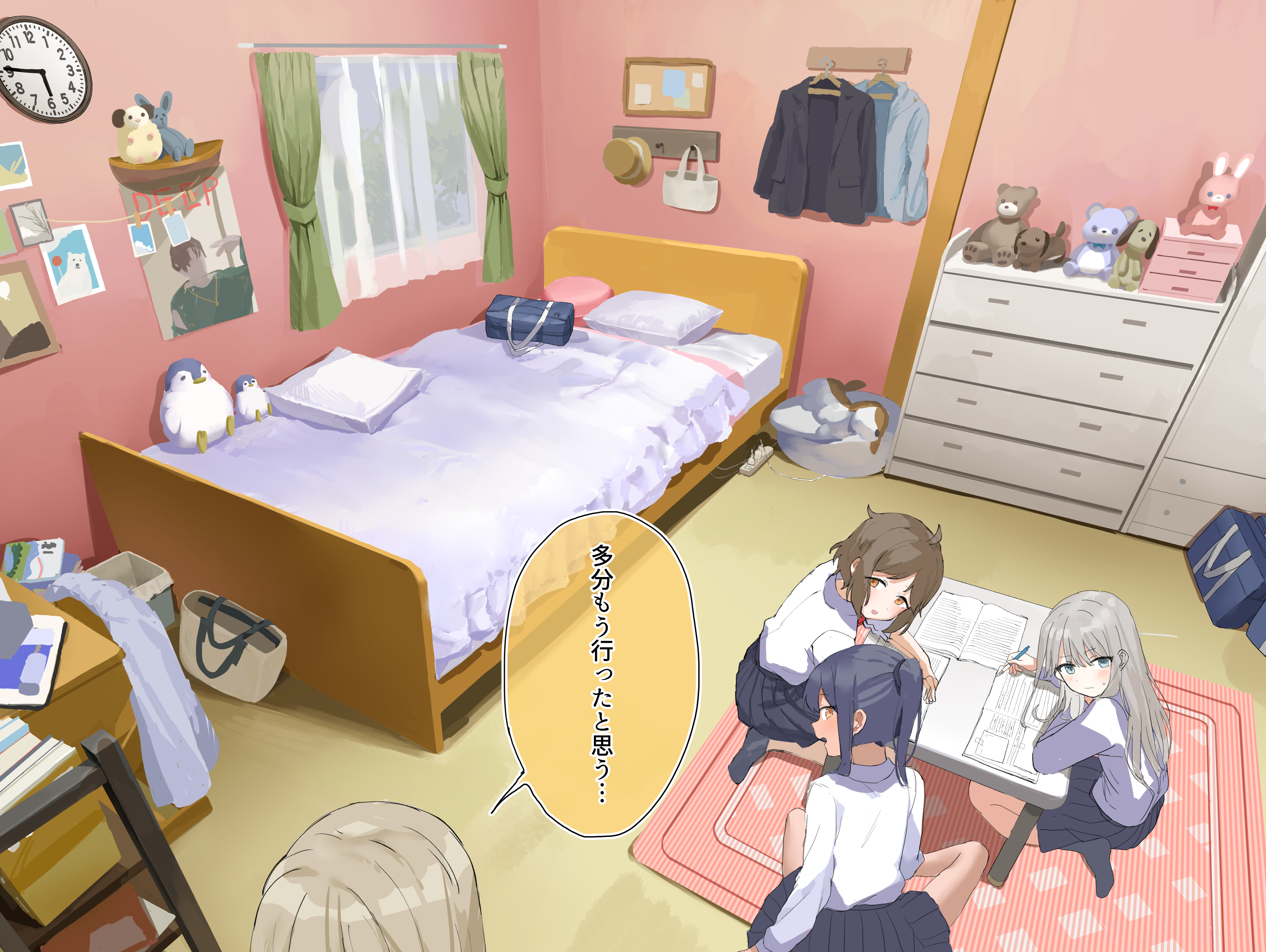 lemontyoisy r18, original, absurdres, commentary request, highres, translation request, 4girls, analog clock, bag, bed, bedroom, blush, book, brown hair, chest of drawers, clock, closed mouth, curtains, grey hair, grey skirt, grey socks, holding, holding pen, homework, indoors, long hair, long sleeves, looking at another, looking back, looking to the side, multiple girls, no shoes, open book, out of frame, parted lips, pen, pleated skirt, ponytail, rug, school bag, school uniform, shirt, shirt tucked in, short hair, sidelocks, sitting, skirt, socks, speech bubble, stuffed animal, stuffed toy, sweat, table, turning head, white shirt, window