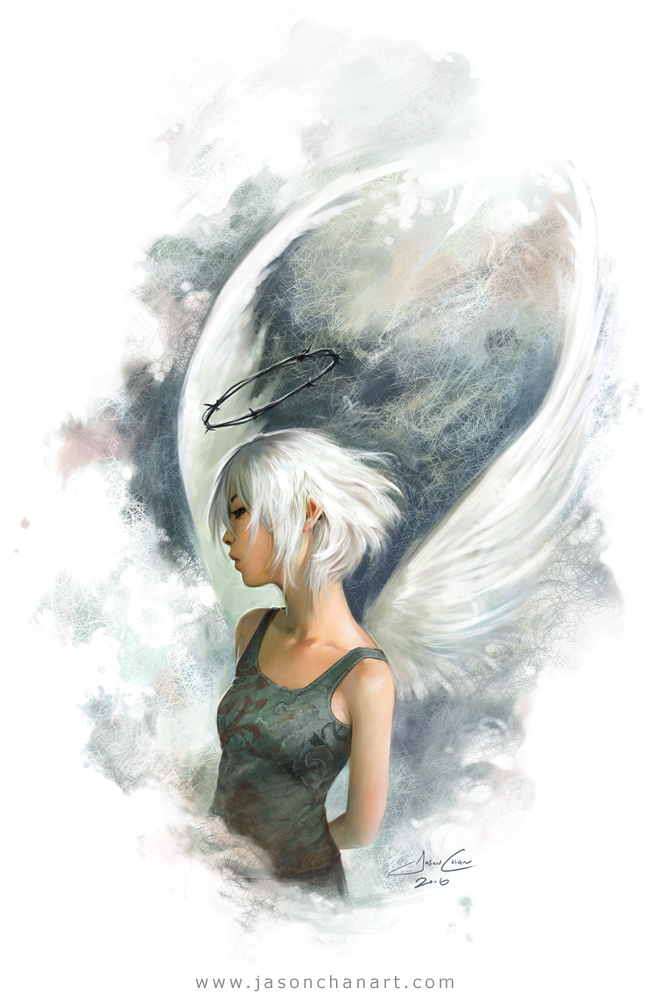 jason chan, angel, angel wings, barbed wire, bob cut, short hair, tank top, white hair, wings