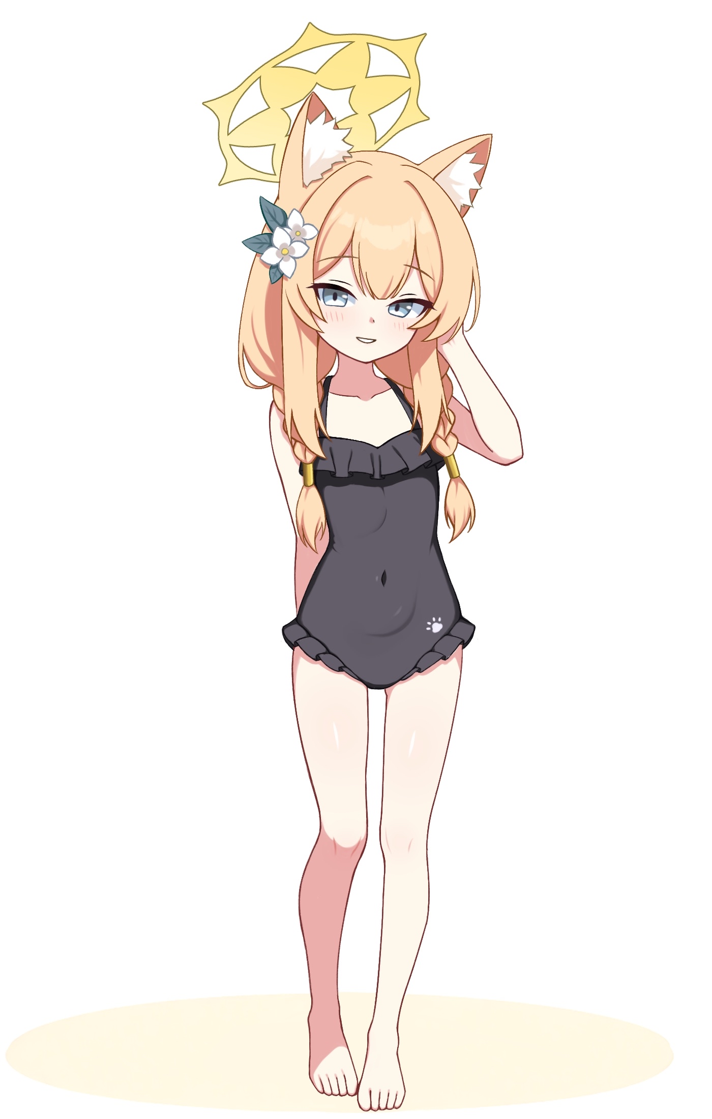 io9, mari (blue archive), blue archive, highres, 1girl, animal ear fluff, animal ears, barefoot, black one-piece swimsuit, blue eyes, cat ears, covered navel, flower, full body, grin, hair flower, hair ornament, halo, long hair, looking at viewer, one-piece swimsuit, orange hair, smile, solo, standing, swimsuit, white background, white flower, yellow halo