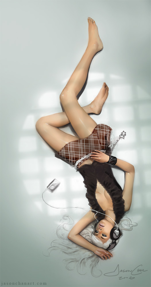 jason chan, barefoot, breasts, cleavage, feet, from above, headphones, long hair, lying, on back, skirt, white hair