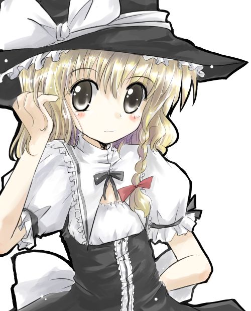 yuugiri (artist), yuugiri (u-slash), kirisame marisa, touhou, eyebrows, 1girl, black hat, black ribbon, blonde hair, blush, bow, braid, closed mouth, female focus, flat chest, frilled sleeves, frills, hair bow, hand in own hair, hat, hat bow, hat ribbon, long hair, looking at viewer, puffy sleeves, red bow, ribbon, shirt, simple background, single braid, smile, solo, upper body, white background, white bow, white ribbon, white shirt, witch hat
