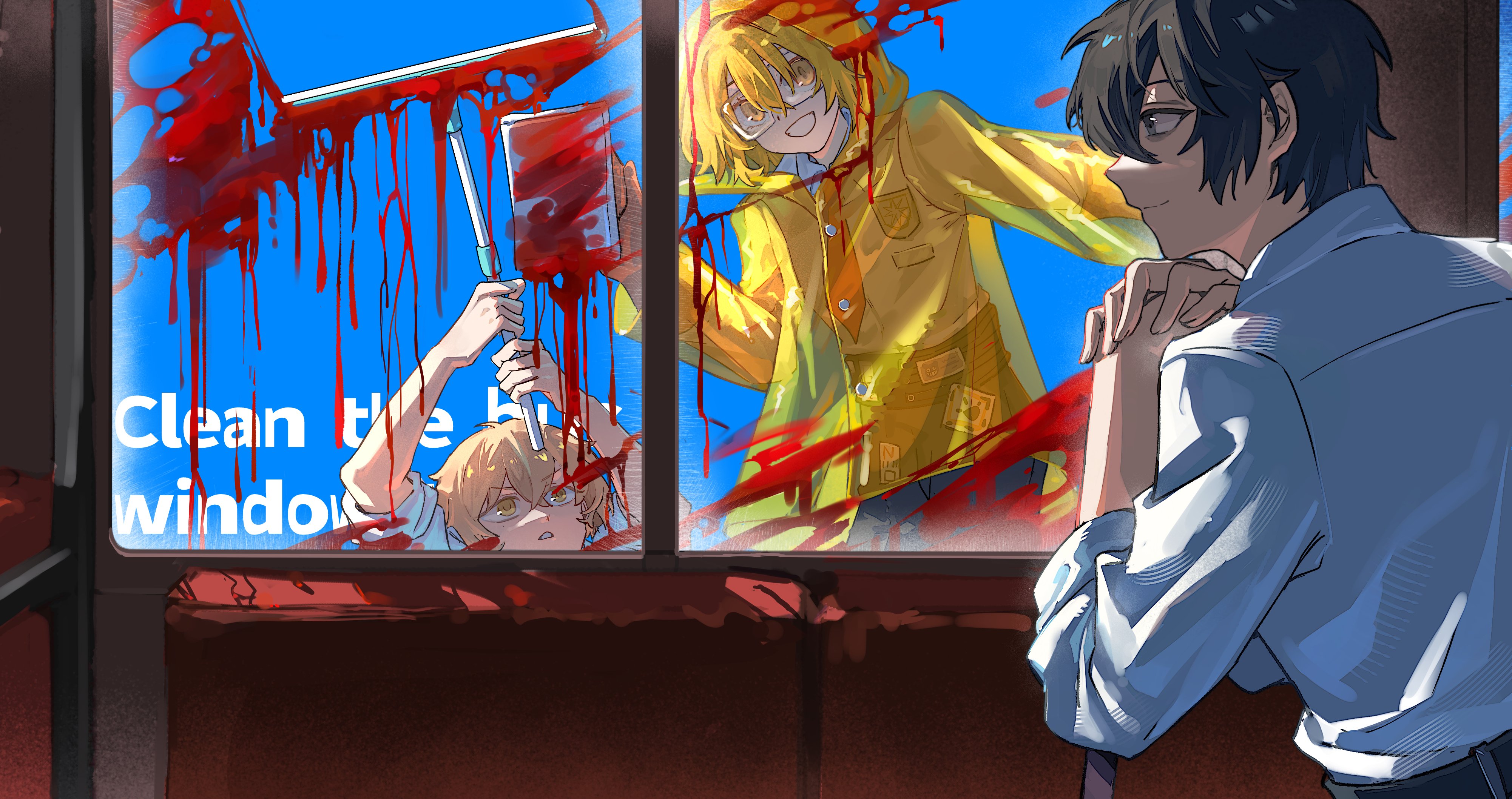kiscript, don quixote (project moon), sinclair (project moon), yi sang (project moon), limbus company, project moon, absurdres, highres, 1girl, 2boys, :d, alternate costume, bags under eyes, black eyes, black hair, blonde hair, blood, blood splatter, cleaning, cleaning windows, crossed bangs, day, double-parted bangs, elbow rest, goggles, grin, hair between eyes, height difference, interlocked fingers, leaning forward, looking at another, mephistopheles (project moon), multiple boys, open mouth, raincoat, shirt, short hair, sleeves rolled up, smile, white shirt, window, yellow raincoat