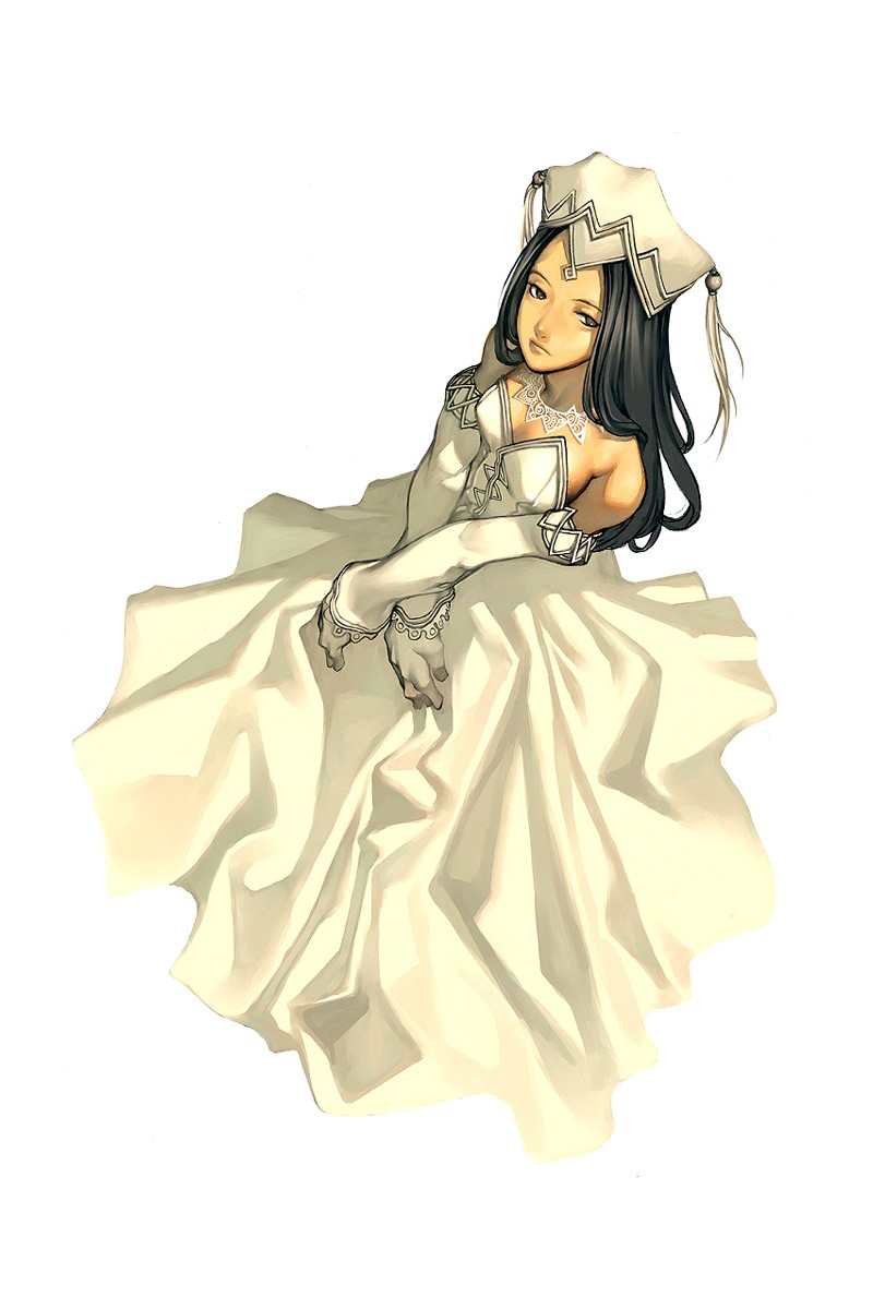 kim hyung tae, leona etlin re elcritian, magna carta, magna carta: the phantom of avalanche, highres, scan, bare shoulders, black hair, brown eyes, detached sleeves, dress, from above, gloves, hat, long hair, simple background, solo