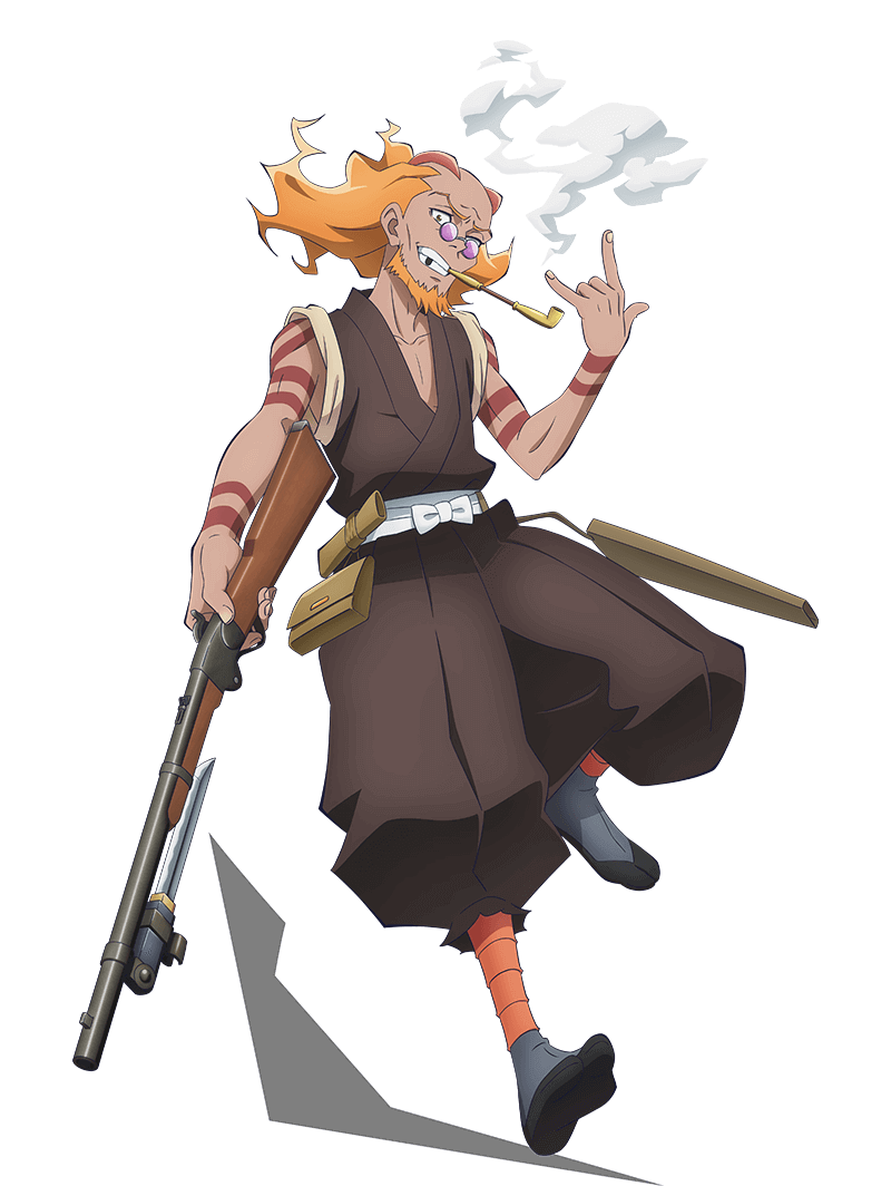 yokota masafumi, bucchigire!, official art, 1boy, anime coloring, arm tattoo, balding, bandaged leg, bandages, bayonet, beard, blowing smoke, brown eyes, brown hakama, brown kimono, collarbone, facial hair, full body, gun, gyataro (bucchigire!), hakama, hakama pants, hand up, holding, holding gun, holding weapon, japanese clothes, kimono, kiseru, looking at viewer, mature male, open mouth, orange hair, pants, pouch, red tattoo, rifle, simple background, sleeves rolled up, smile, smoke, smoking, smoking pipe, solo, standing, sunglasses, tabi, tattoo, teeth, transparent background, weapon
