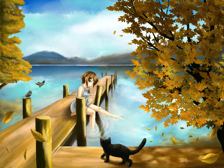 chiko (kanhogo), 1girl, autumn, barefoot, bird, blue eyes, brown hair, cat, dock, female focus, leaf, sitting, soaking feet, solo, water