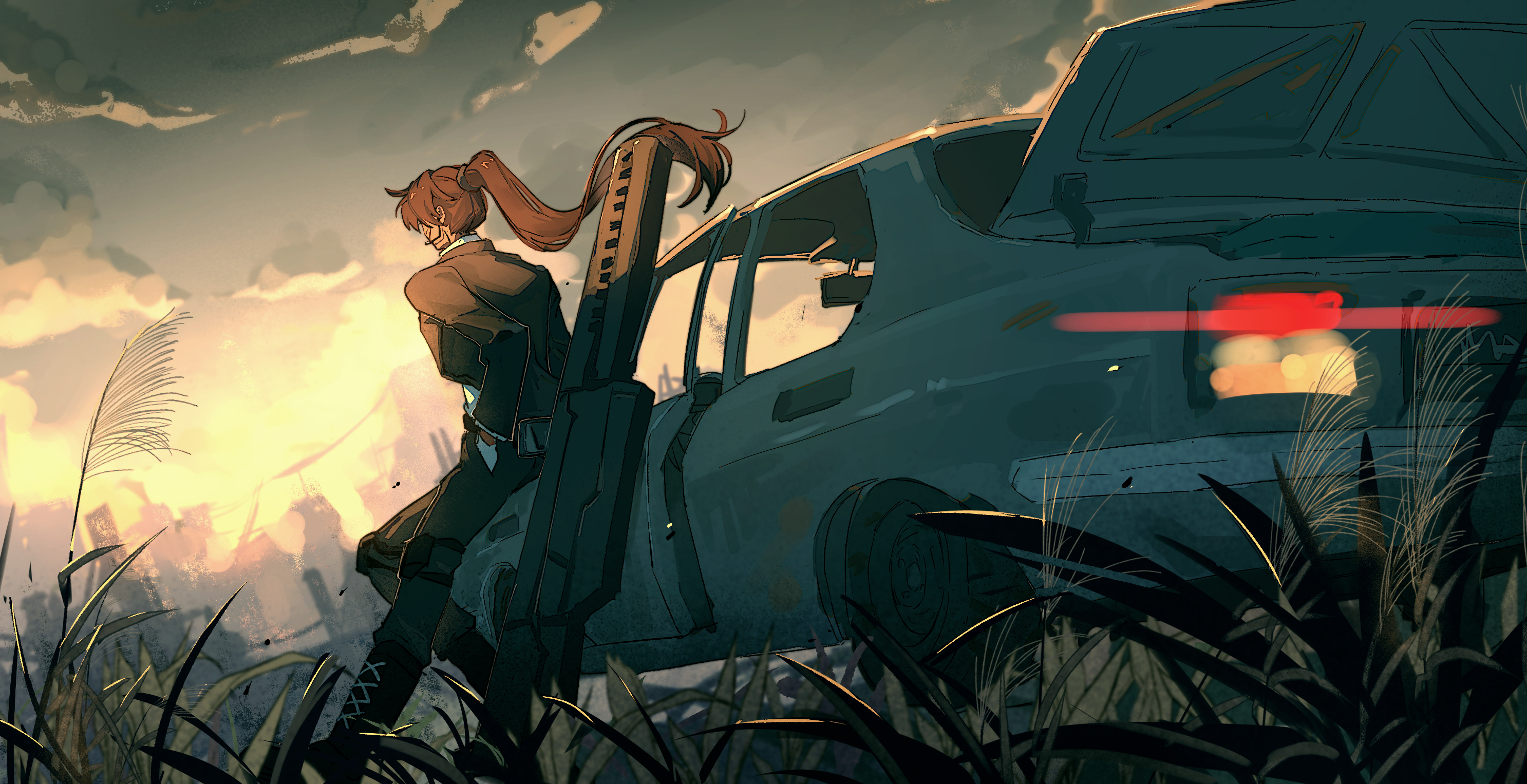 kiscript, heathcliff (project moon), limbus company, project moon, chinese commentary, commentary, english commentary, highres, 1boy, black coat, boots, brown hair, car, car trunk, coat, curtained hair, day, from behind, full-stop office (identity) (project moon), full body, gloves, glowing, grass, hand in pocket, high ponytail, leaning against vehicle, long hair, male focus, microphone, motor vehicle, official alternate costume, ponytail, scenery, solo, very long hair, weapon case, white gloves