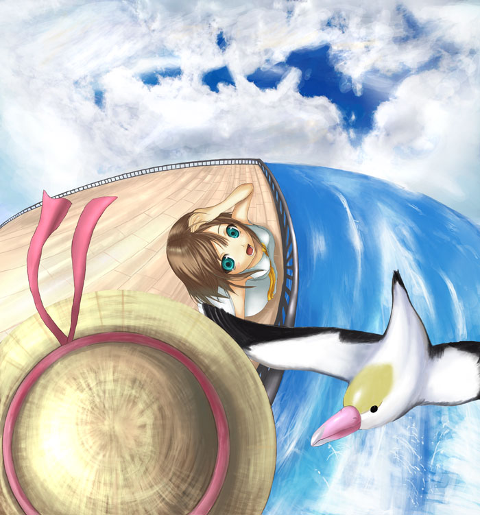 chiko (kanhogo), 1girl, bird, blue eyes, brown hair, female focus, fisheye, from above, hand on own head, hat, open mouth, solo, sun hat, unworn hat, unworn headwear