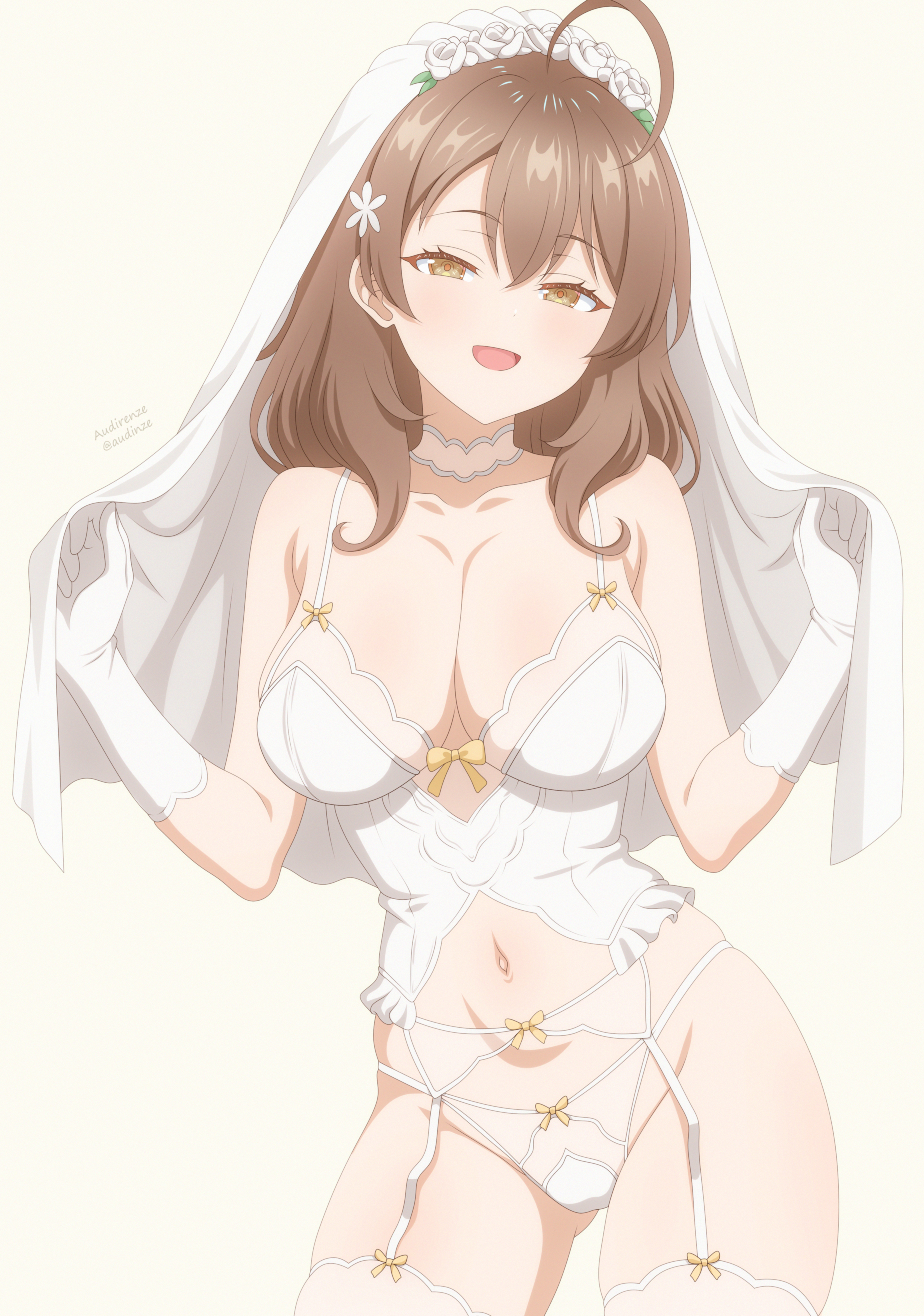 audirenze, mariya mikhailovna kujou, tokidoki bosotto roshia-go de dereru tonari no alya-san, absurdres, commentary, highres, paid reward available, 1girl, :d, ahoge, breasts, bridal lingerie, bridal veil, brown hair, choker, cleavage, elbow gloves, garter belt, gloves, hair ornament, large breasts, lingerie, long hair, looking at viewer, navel, open mouth, simple background, smile, thighhighs, twitter username, underwear, veil, white choker, white garter belt, white gloves, white thighhighs