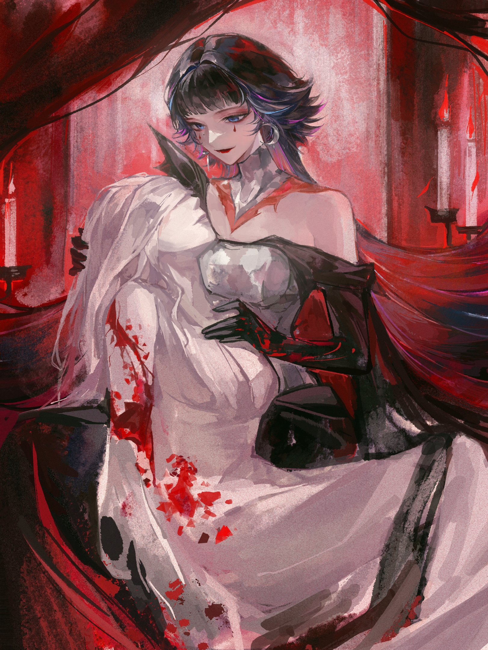 catvnuf, enfer (path to nowhere), sosia (path to nowhere), path to nowhere, highres, 2girls, black gloves, blindfold, blood, blood on arm, blue hair, blunt bangs, candle, covered eyes, crescent, crescent earrings, curtains, cuts, dress, earrings, elbow gloves, eyeliner, eyeshadow, gloves, grey dress, hair intakes, injury, jewelry, looking at another, looking down, makeup, multicolored hair, multiple girls, pale skin, red eyeliner, red eyeshadow, silver earrings, single bare shoulder, single off shoulder, sleeveless, sleeveless dress, streaked hair, teardrop facial mark, white dress