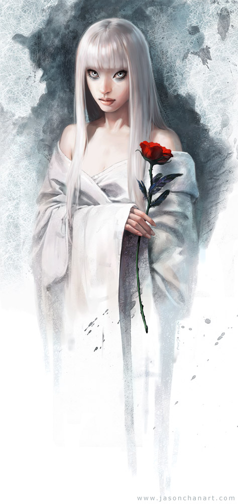 jason chan, long hair, monster girl, rose, white hair