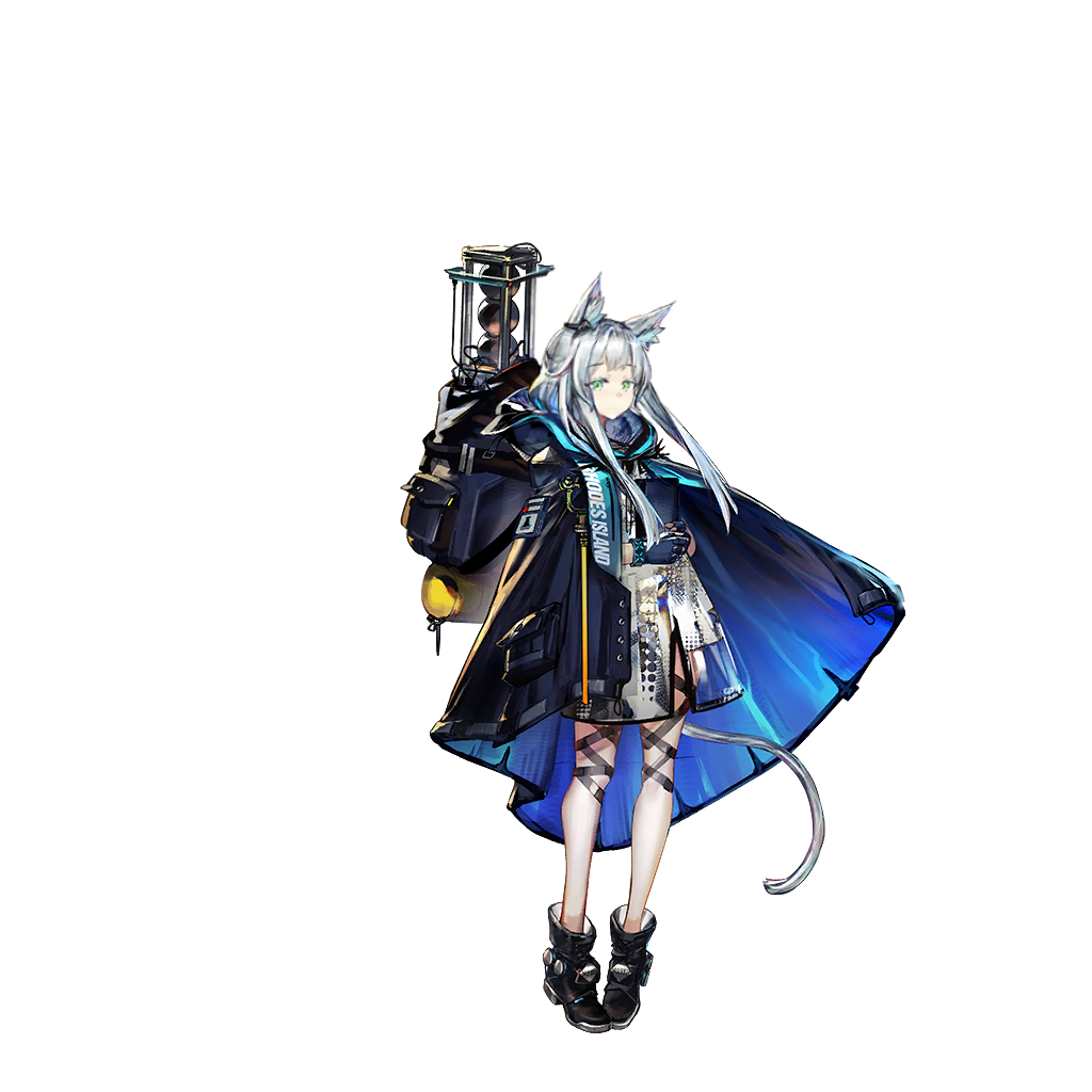 yui (niikyouzou), infection monitor (arknights), rosmontis (arknights), arknights, official art, third-party source, 1girl, animal ears, black boots, black cape, black gloves, boots, cape, cat ears, cat girl, cat tail, dress, full body, gloves, green eyes, grey hair, long hair, rhodes island logo (arknights), rhodes island uniform, simple background, solo, standing, tachi-e, tail, transparent background, white dress