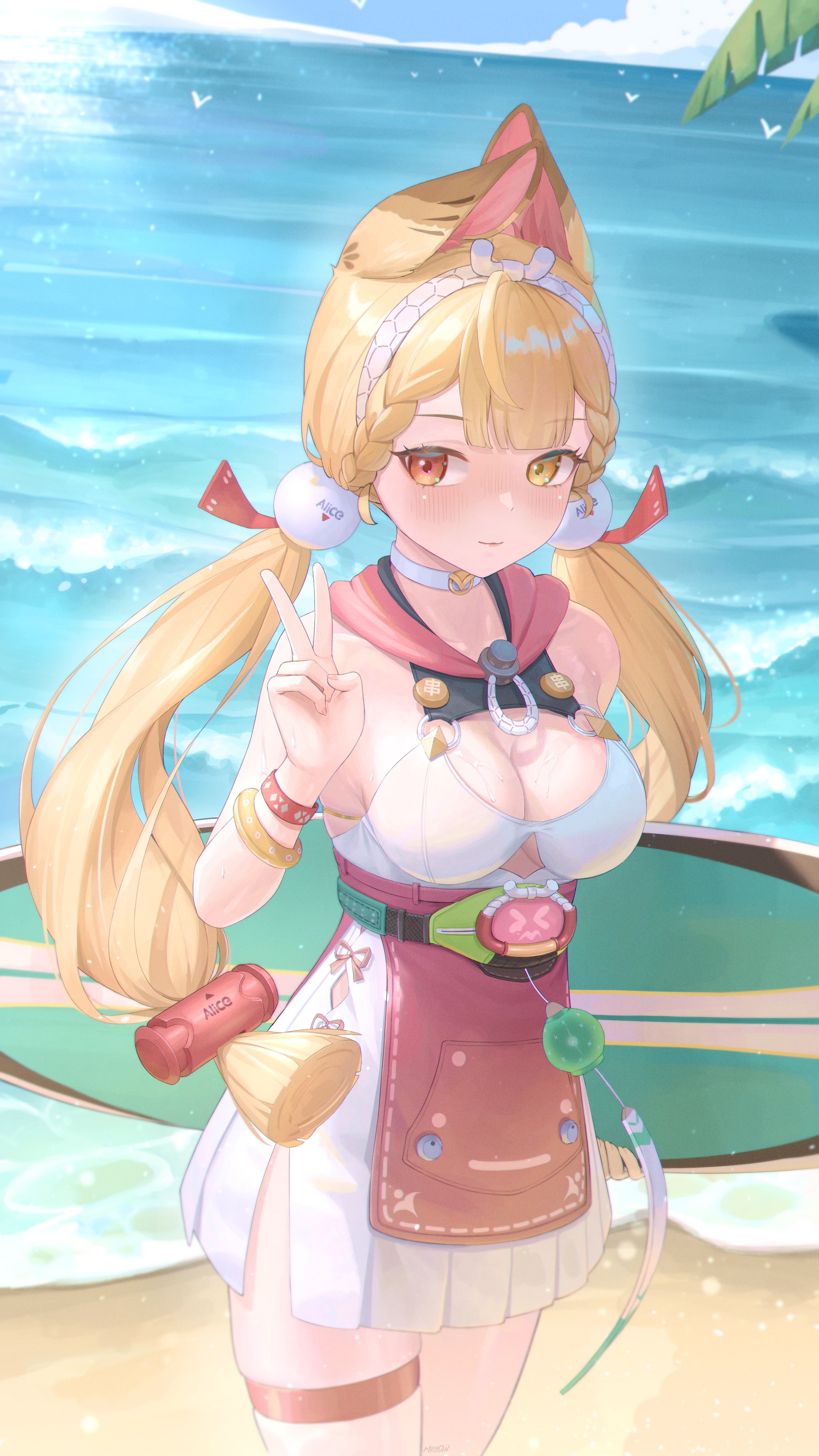 mrotan, alice thymefield, alice thymefield (sea of thyme), zenless zone zero, absurdres, highres, 1girl, animal ears, beach, blonde hair, blue sky, blush, breasts, choker, cleavage, closed mouth, heterochromia, large breasts, long hair, looking at viewer, low twintails, official alternate costume, one-piece swimsuit, outdoors, rabbit ears, rabbit girl, red eyes, sand, sky, smile, solo, swimsuit, thigh strap, twintails, water, white choker, white one-piece swimsuit, yellow eyes