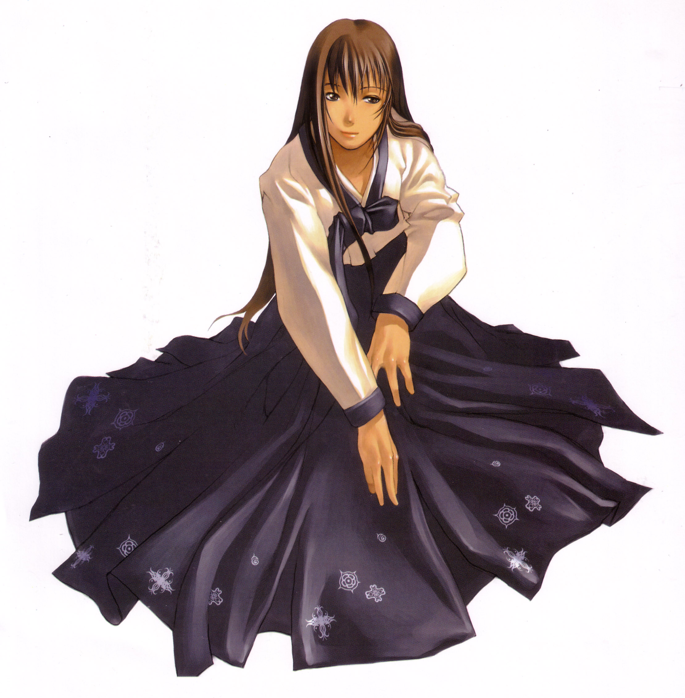 kim hyung tae, sherazard, oxide, the war of genesis, the war of genesis iii, highres, official art, scan, brown eyes, brown hair, hanbok, korean clothes, lipstick, long hair, makeup, simple background, sitting, smile, solo