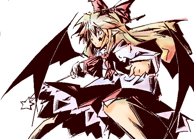 elis (touhou), highly responsive to prayers, touhou, touhou (pc-98), 1girl, bat wings, blonde hair, bow, female focus, hair bow, long hair, solo, vampire, wand, wings