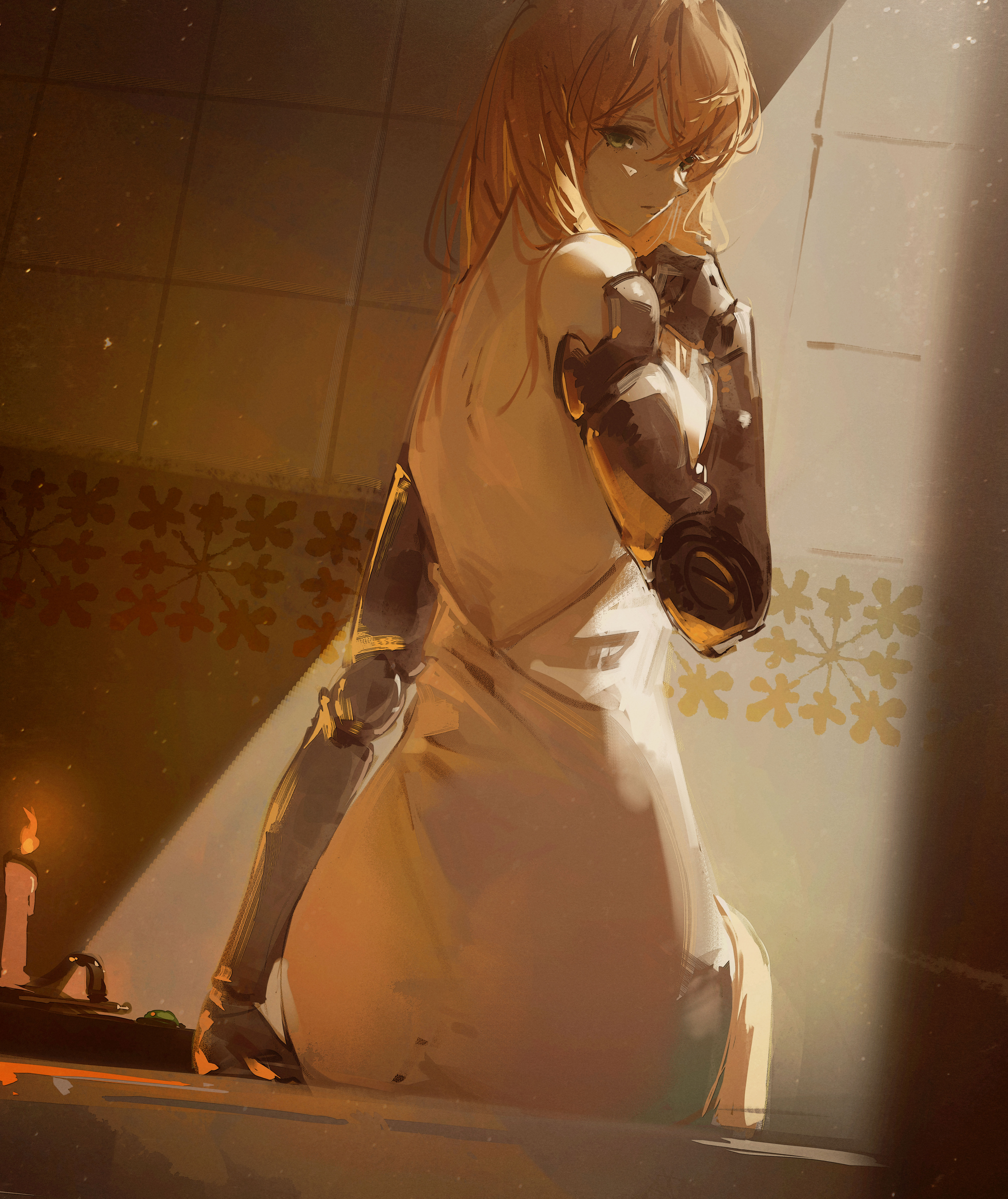 dudrinm, violet evergarden, violet evergarden (series), absurdres, highres, 1girl, backless dress, backless outfit, bare back, bare shoulders, blonde hair, candle, candlestand, dress, dutch angle, fire, from behind, green eyes, hair between eyes, hair over shoulder, hobble dress, joints, light particles, long dress, looking back, mechanical arms, median furrow, prosthesis, prosthetic arm, robot joints, shoulder blades, sitting, solo, tile wall, tiles, upper body