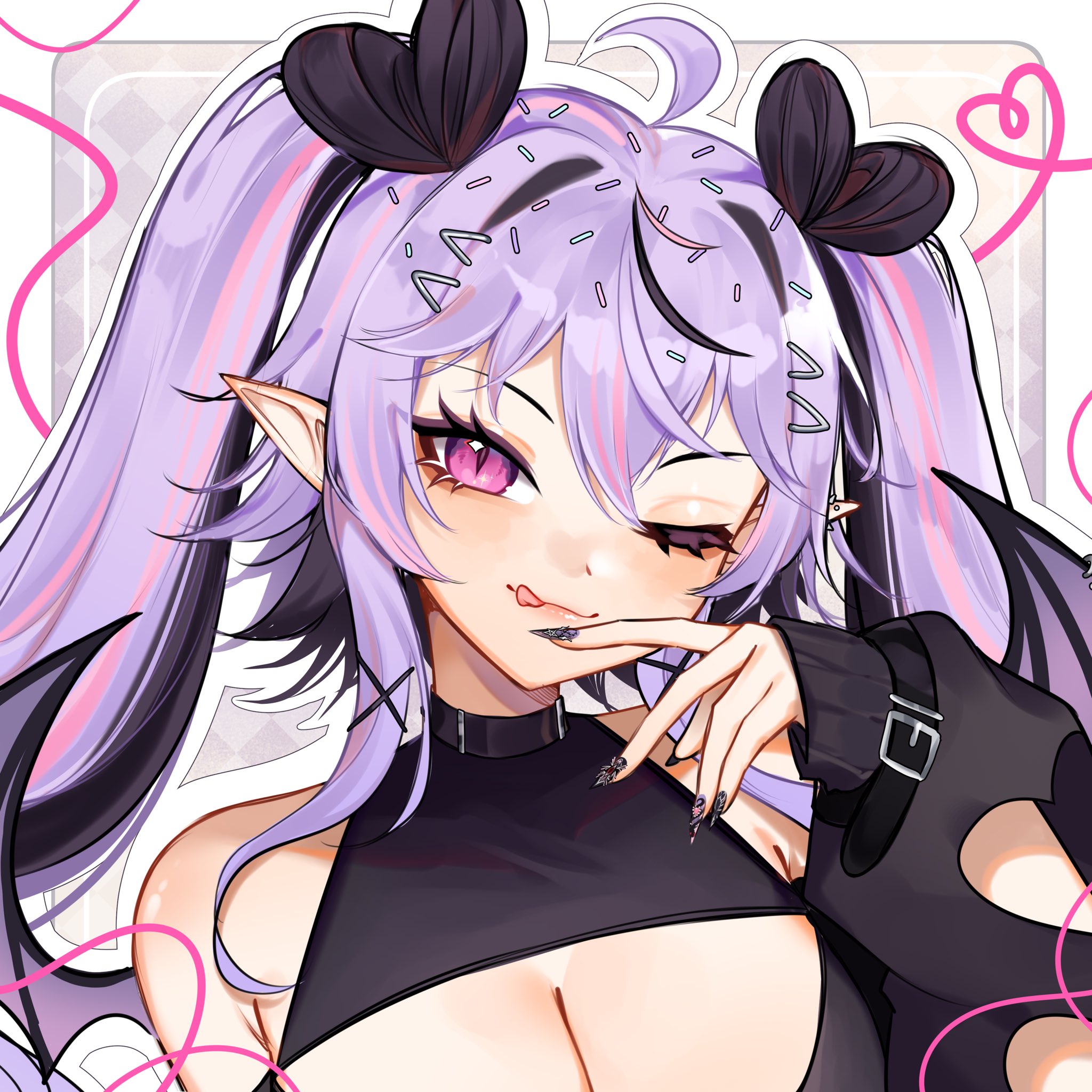 kawurin, indie virtual youtuber, commentary, highres, second-party source, 1girl, ahoge, bare shoulders, bat wings, black choker, black nails, black streaks, border, breasts, choker, choppy bangs, cleavage, closed mouth, crossed bangs, double bun, ear piercing, eyelashes, fingernails, grey background, hair bun, hair sprinkles, hand up, heart hair bun, large breasts, licking lips, long fingernails, long hair, long sleeves, looking at viewer, multicolored hair, nail polish, one eye closed, outside border, piercing, pink eyes, pointy ears, portrait, purple hair, solo, sprinkle hershy, sprinkles, streaked hair, tongue, tongue out, turtleneck, virtual youtuber, white border, wings