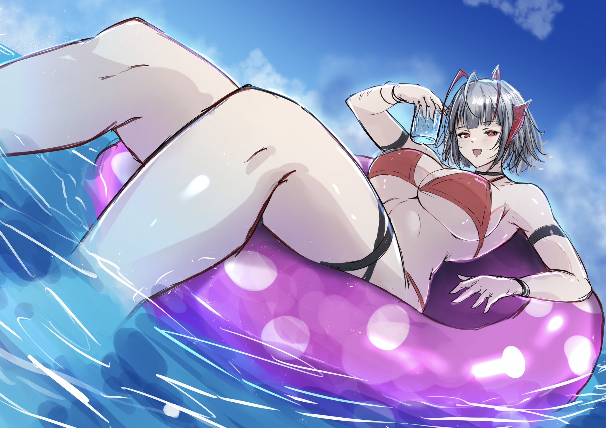poni (poni arknights), w (arknights), arknights, commentary request, highres, 1girl, alternate breast size (larger), alternate costume, antennae, bikini, blue sky, breasts, cup, day, demon horns, grey hair, holding, holding cup, horns, huge breasts, looking at viewer, open mouth, outdoors, red bikini, red eyes, red horns, short hair, sky, smile, soaking feet, solo, swim ring, swimsuit, underboob