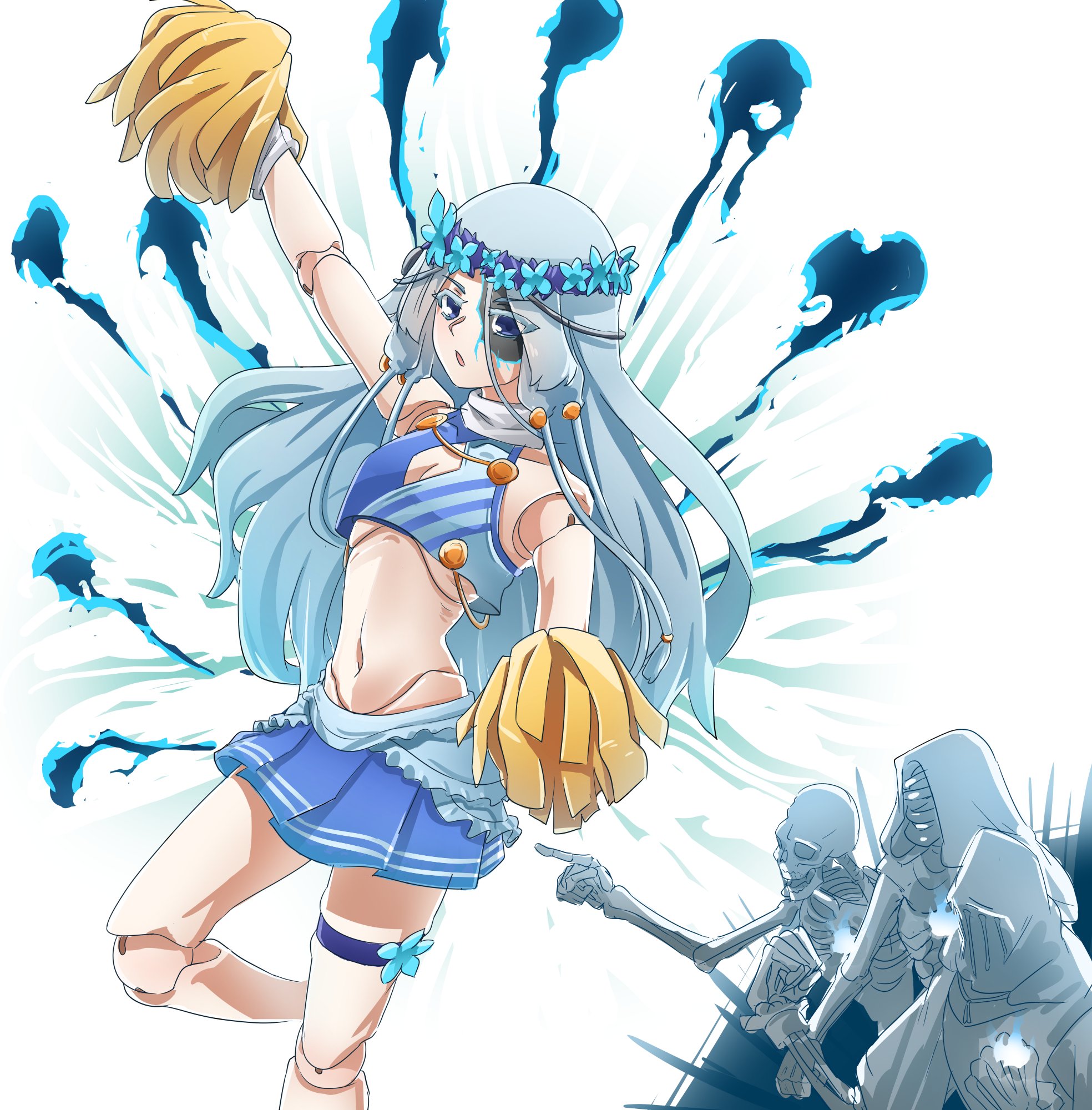 revenant (elden ring), elden ring, elden ring nightreign, highres, 1girl, blue eyes, braid, breasts, cheerleader, cracked skin, doll joints, dress, flower wreath, head wreath, joints, long hair, looking at viewer, low twin braids, smile, thousand chimer, twin braids, white hair
