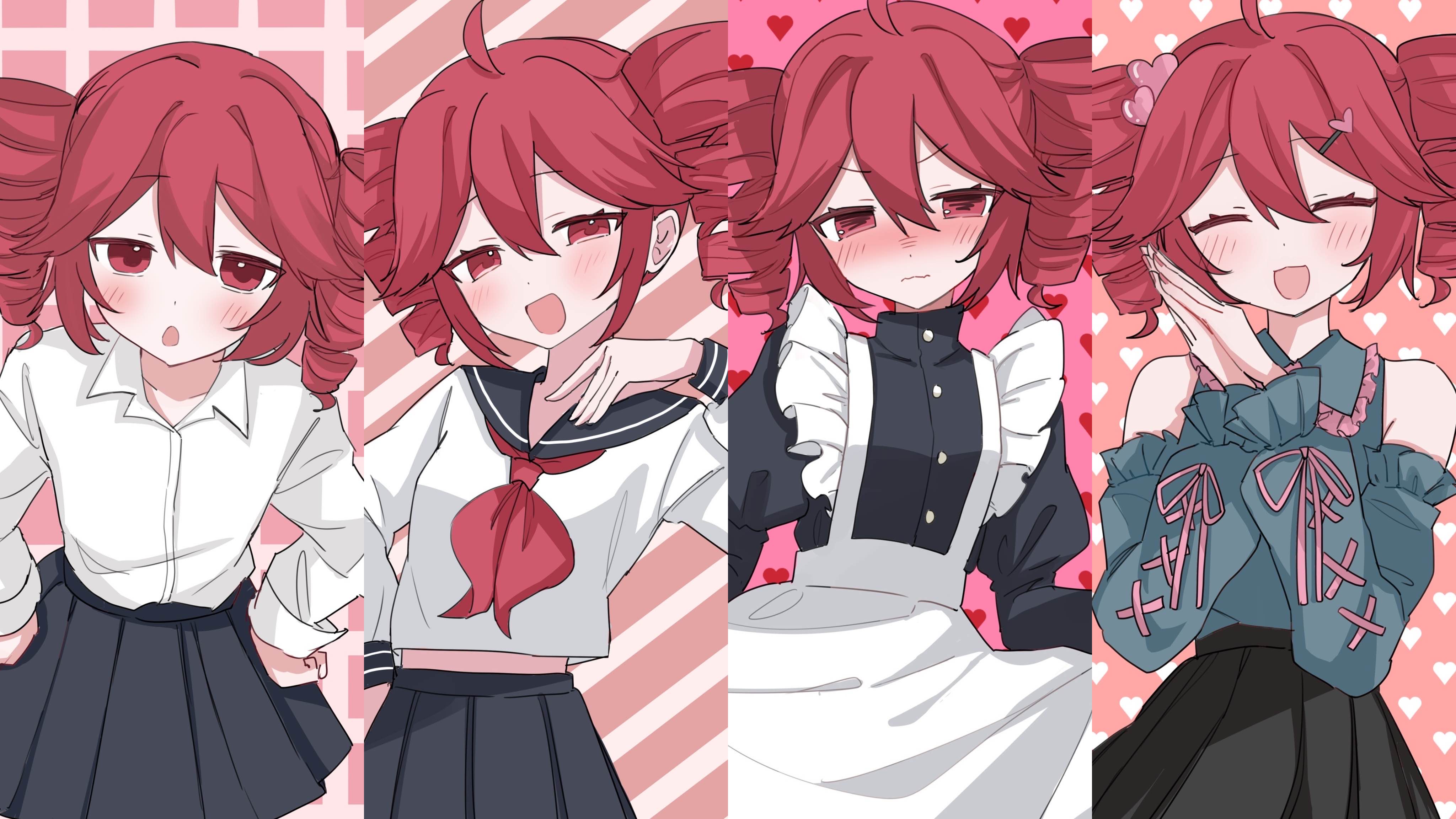 yukia 1128, kasane teto, utau, absurdres, highres, 1girl, :3, :o, :s, ahoge, apron, bare shoulders, black sleeve cuffs, blush, bow, closed eyes, closed mouth, collarbone, collared shirt, confrontation, detached sleeves, diagonal-striped background, double-parted bangs, dress shirt, drill hair, embarrassed, flustered, frilled shirt collar, frilled sleeves, frills, furrowed brow, grid background, hair ornament, hairclip, half-closed eyes, hand up, happy, head tilt, heart, heart background, heart hair ornament, in heat, jirai kei, leaning forward, looking at viewer, maid, maid apron, midriff peek, multiple expressions, naughty face, open mouth, own hands together, pleated skirt, red bow, red eyes, red hair, sailor collar, school uniform, serafuku, shirt, sidelocks, skirt, skirt hold, sleeveless, sleeveless shirt, striped background, twin drills, white shirt