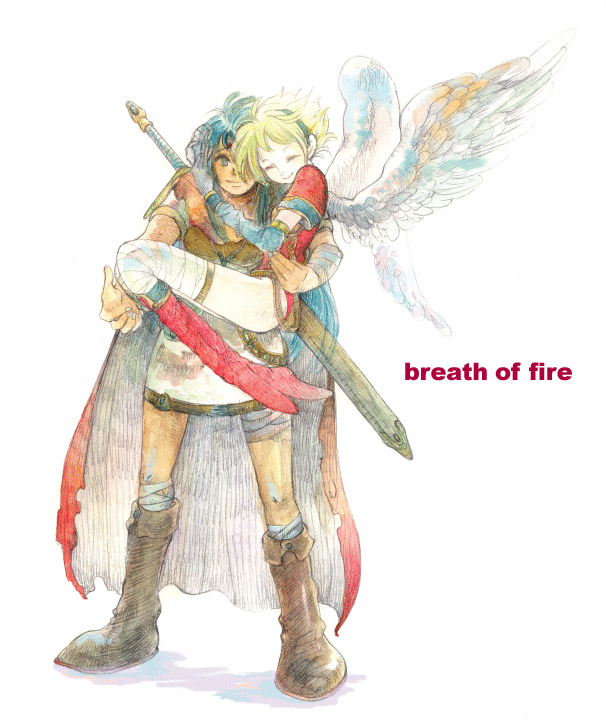 nina (breath of fire i), ryu (breath of fire i), breath of fire, breath of fire i, capcom, 1boy, 1girl, angel wings, armor, blonde hair, blue eyes, blue hair, boots, couple, elbow gloves, gloves, green eyes, hairband, hetero, knee boots, short hair, sword, thighhighs, weapon, white wings, wings