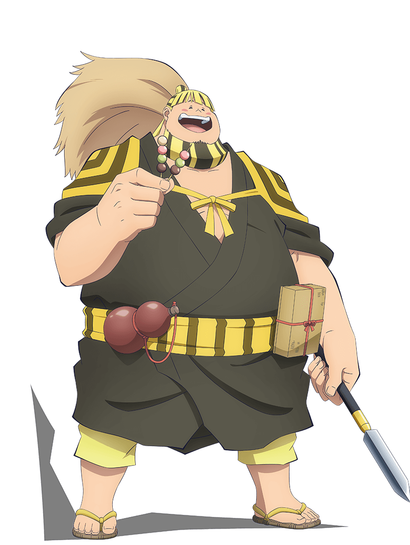 yokota masafumi, bucchigire!, official art, 1boy, :d, ^ ^, anime coloring, beard, blonde hair, bo (bucchigire!), box, closed eyes, dango, facial hair, fat, fat man, food, full body, gourd, grey hair, holding, holding polearm, holding skewer, holding weapon, japanese clothes, kimono, looking at viewer, medium hair, multicolored hair, open mouth, polearm, sandals, sanshoku dango, sash, simple background, skewer, smile, solo, spear, standing, striped clothes, teeth, transparent background, two-tone hair, vertical-striped clothes, wagashi, weapon, yellow kimono, yellow sash, zouri
