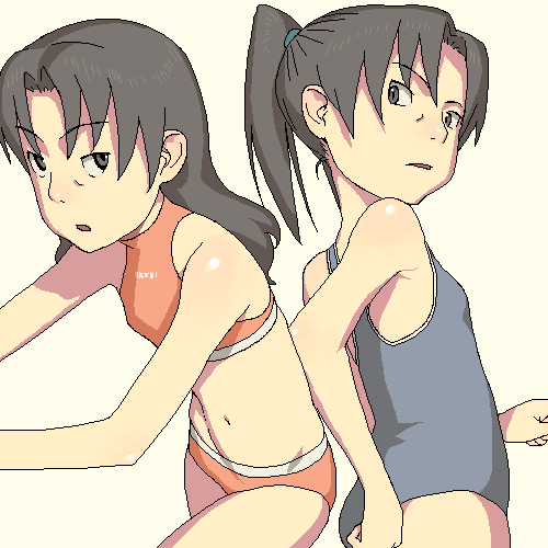 hijiri rei, ji (artist), amasawa yuuko, dennou coil, lowres, 00s, 2girls, bags under eyes, bikini, black eyes, black hair, dual persona, multiple girls, oekaki, swimsuit