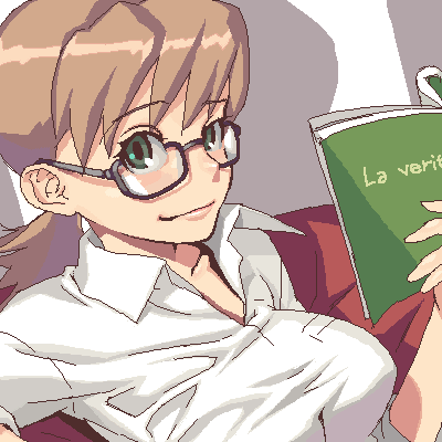 hijiri rei, ji (artist), sumiregawa nenene, read or die, lowres, 00s, 1girl, book, breasts, brown hair, female focus, glasses, green eyes, large breasts, looking at viewer, oekaki, open book, reading, solo
