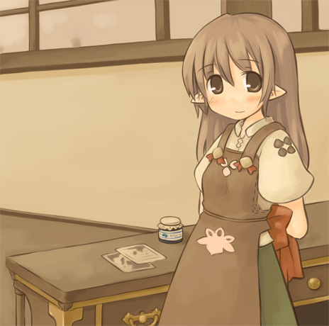 7010, lowres, apron, blush, desk, elf, pointy ears, solo
