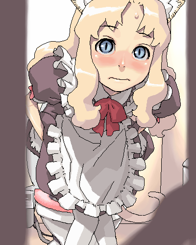 hijiri rei, ji (artist), lowres, animal ears, bathroom, bent over, blush, cat ears, maid, nouveau vague, oekaki, pantyhose, solo, toilet