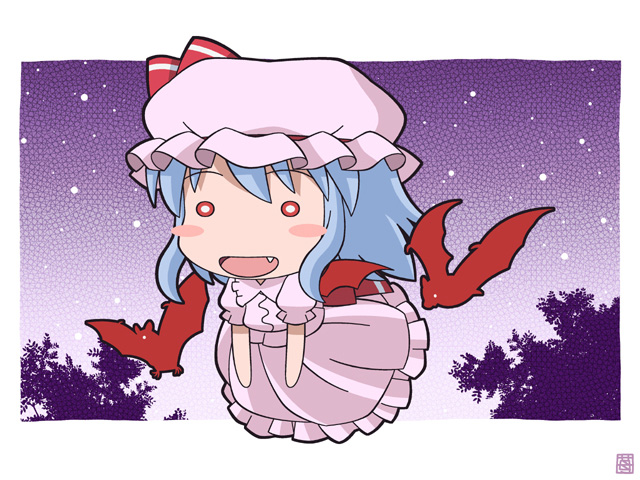 hatomugisan, remilia scarlet, touhou, 1girl, artist logo, bat (animal), bat wings, blue hair, blush, blush stickers, chibi, dress, fang, female focus, flying, full body, hat, logo, mob cap, o o, open mouth, outdoors, outside border, pink hat, purple background, red eyes, sky, solo, star (sky), star (symbol), starry sky, tree, vampire, wings