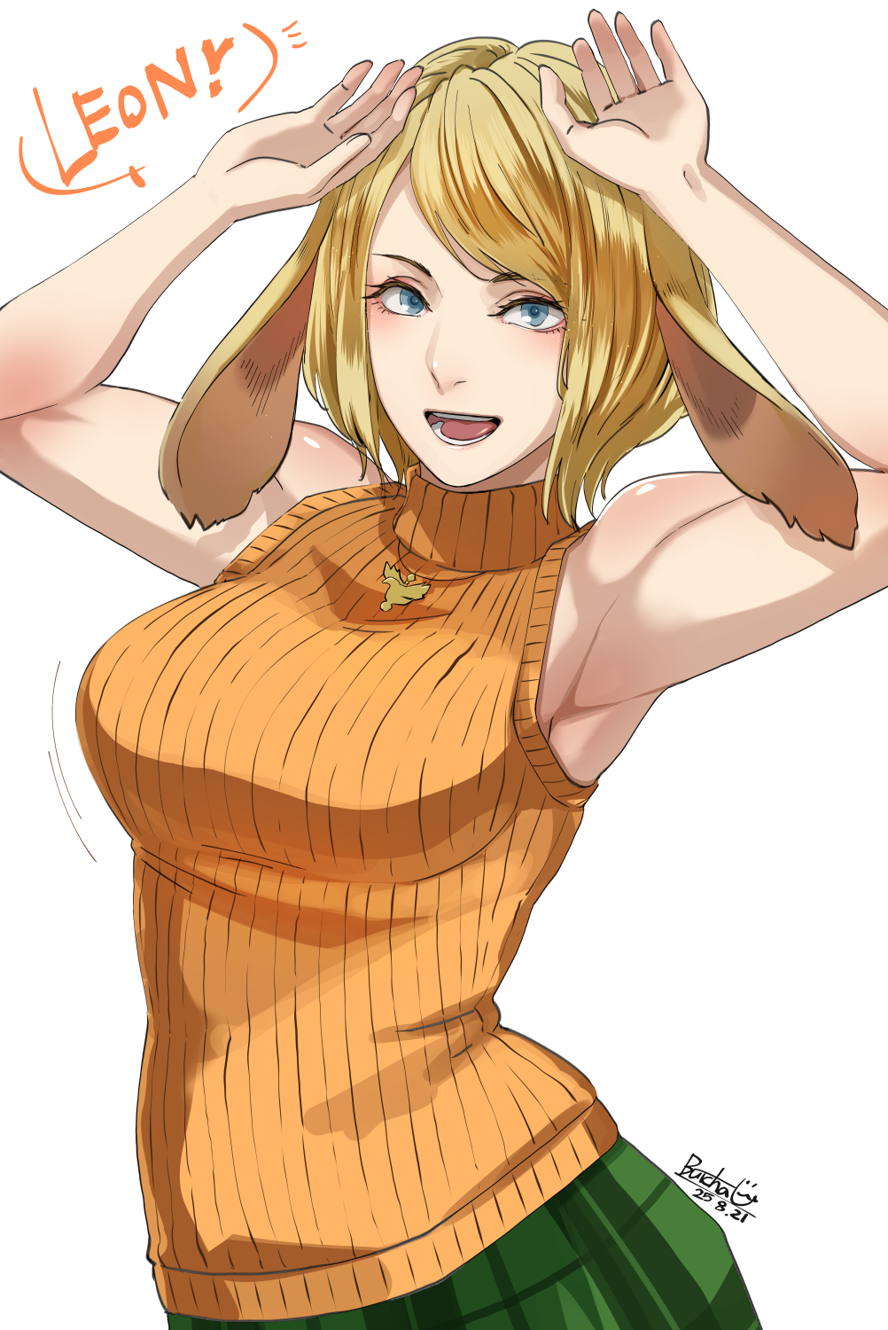 butcha-u, ashley graham, resident evil, resident evil 4, resident evil 4 (remake), highres, 1girl, animal ears, blonde hair, breasts, bunny day, large breasts, looking at viewer, open mouth, rabbit ears, shirt, short hair, simple background, skirt, sleeveless, sleeveless turtleneck, smile, solo, sweater, turtleneck, white background