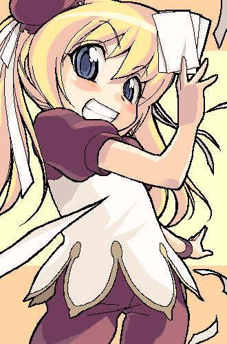 hijiri rei, ji (artist), anita king, rebecca miyamoto, saitou chiwa, pani poni dash!, r.o.d the tv, read or die, lowres, 1girl, anita king (cosplay), between fingers, blonde hair, blue eyes, child, cosplay, female focus, grin, holding, oekaki, parody, smile, solo, voice actor connection