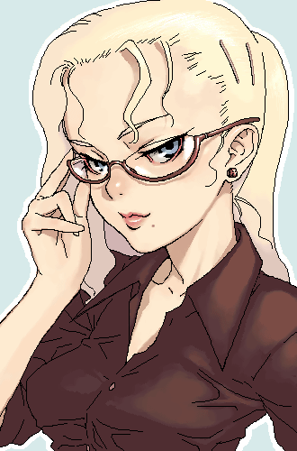 hijiri rei, ji (artist), lowres, 1girl, adjusting eyewear, blonde hair, blue eyes, brown-framed eyewear, collared shirt, earrings, female focus, glasses, jewelry, lips, lipstick, long hair, makeup, mole, mole under mouth, oekaki, outline, semi-rimless eyewear, shirt, simple background, solo, stud earrings, under-rim eyewear, upper body