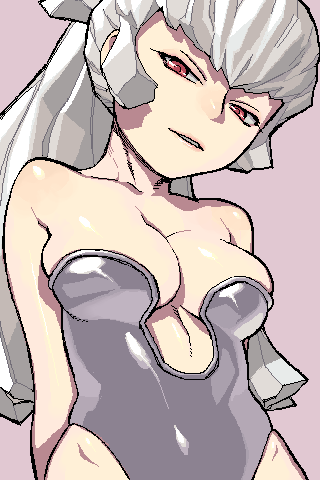 hijiri rei, ji (artist), oyuki (urusei yatsura), urusei yatsura, silver hair, lowres, 1girl, breasts, cleavage, female focus, long hair, oekaki, pink background, red eyes, simple background, solo