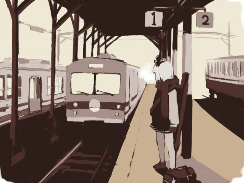 xexu, konpaku youmu, touhou, 1girl, female focus, multiple unit train, scarf, solo, train, train station